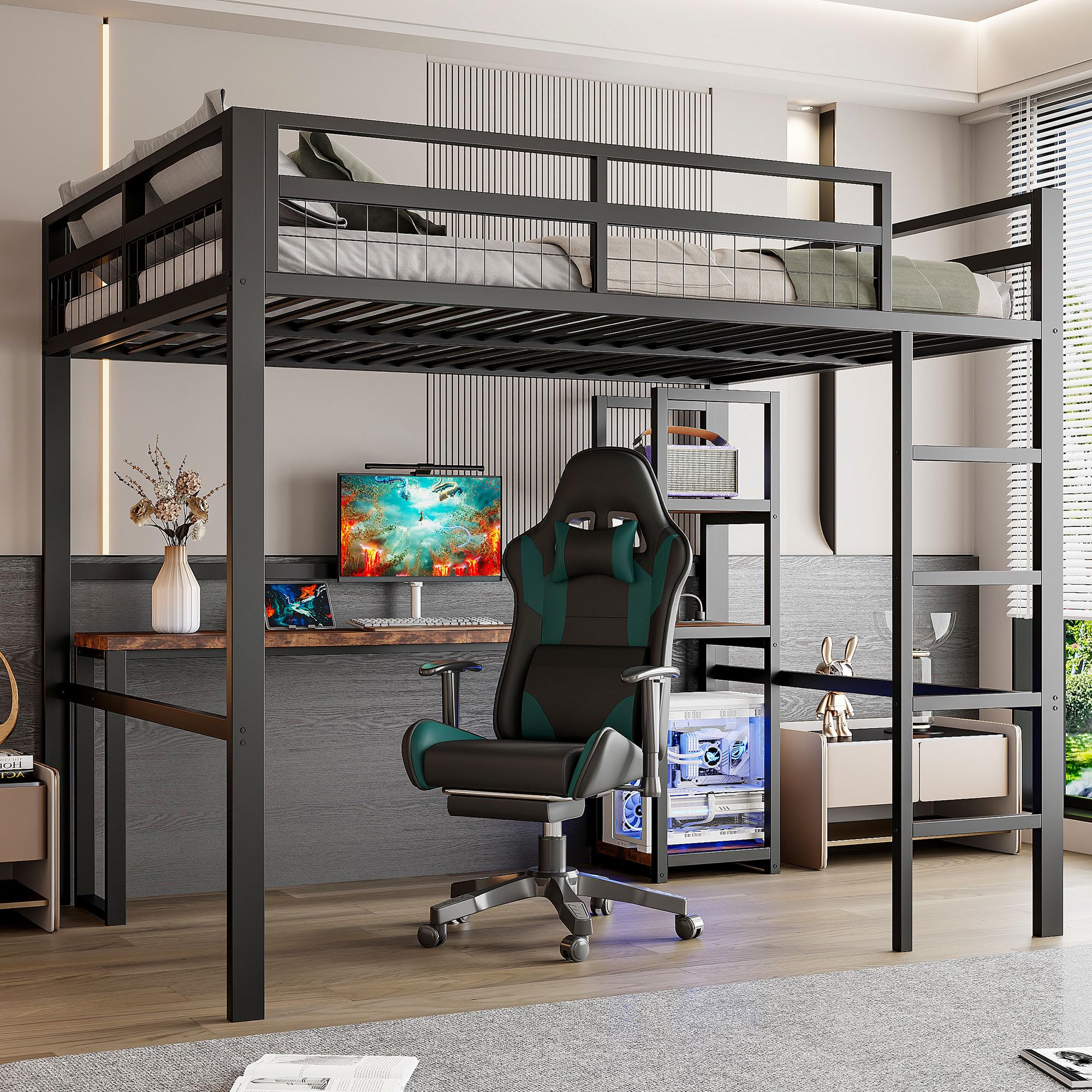 Dolamaní Cama alta para adultos, 140 x 200 cm, marco de cama de metal con enchufe, cama de metal con USB Type-C y varios estantes, capacidad de carga de 150 kg (negro)