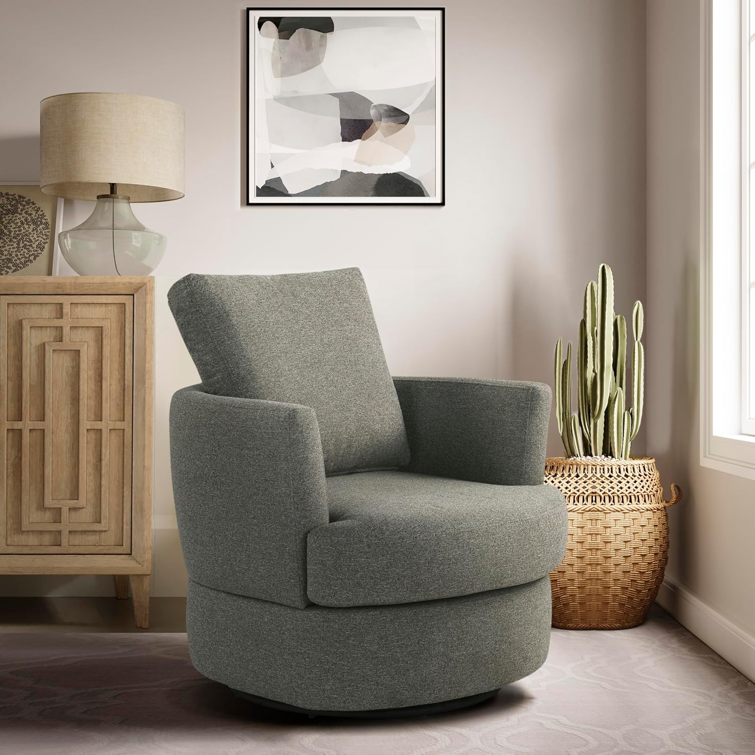 Studio Living® Spark 28" Swivel Accent Chair, Soft Modern, Pocket Coil Comfort, Easy Assembly, Woven Polyester Fabric, Gray