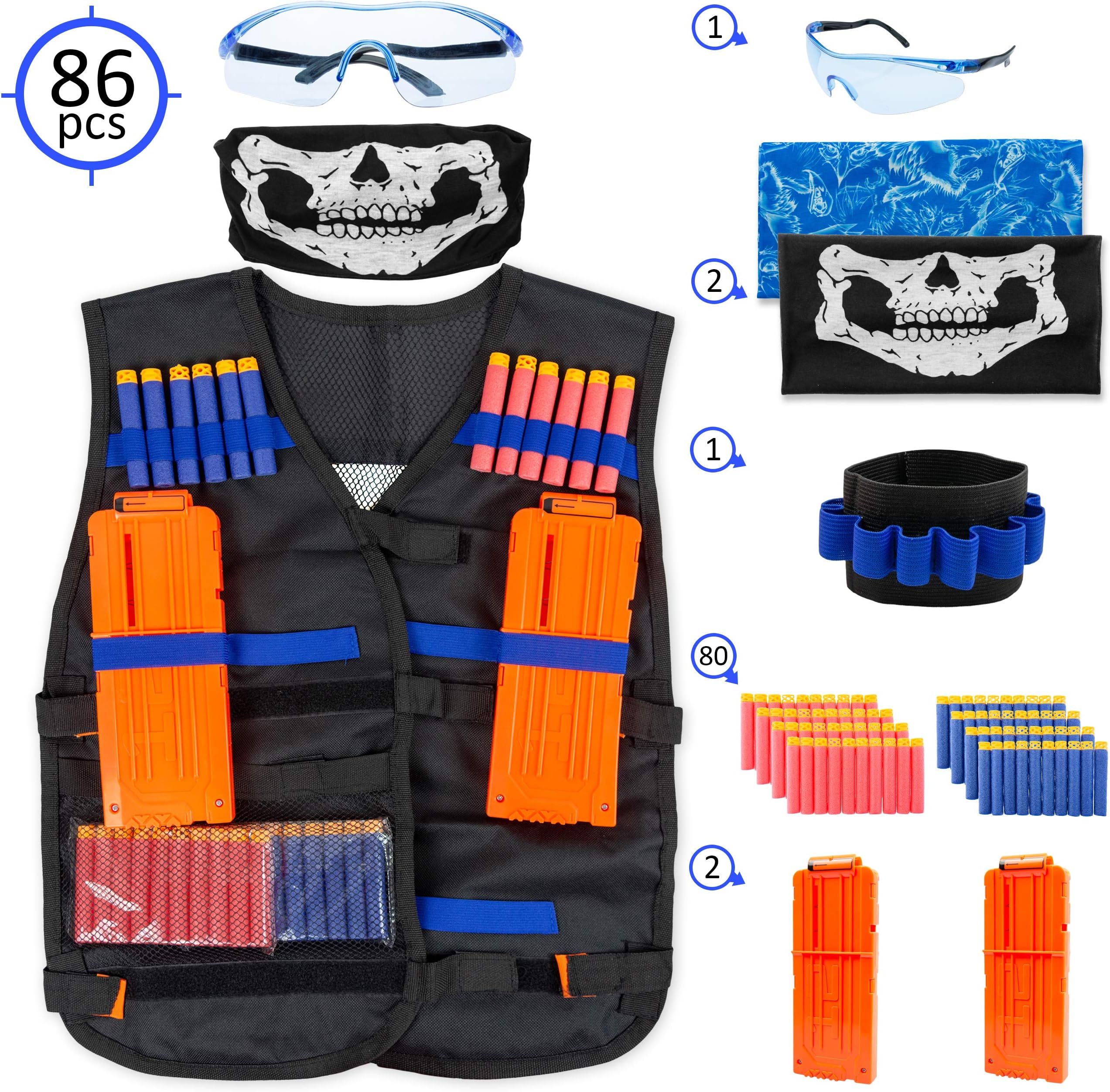 Nerf Compatible -Tactical Vest For Kids - For Use With Nerf Guns N-Strike Blasters And Elite Series - 2 Quick Reload Clips, Hand Wrist Band, Protective Glasses, Tube Face Mask, 80 Refill Foam Darts
