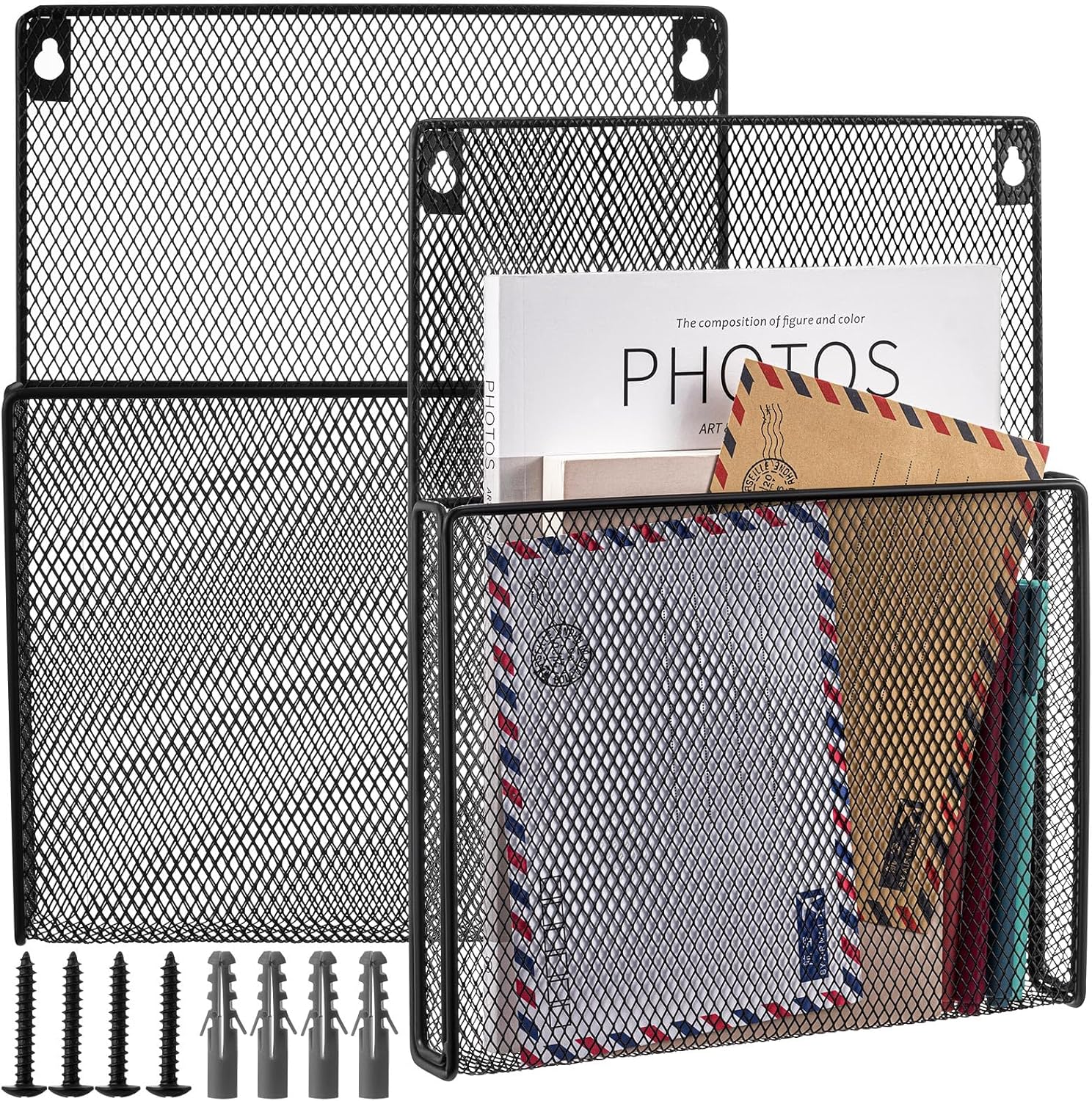 AmazingSpark 2 Pcs 12 Inch Metal Wall Magazine Holder High Pocket Mesh Hanging File Organizer Wall Mounted Storage Rack with Screws for Magazines Documents Files for Office Home Organization, Black