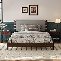 Vista 9 de Moderno juego de base de cama Queen con 2 mesitas de noche, cama de plataforma de madera beige con cabecero y mesitas de noche a juego
