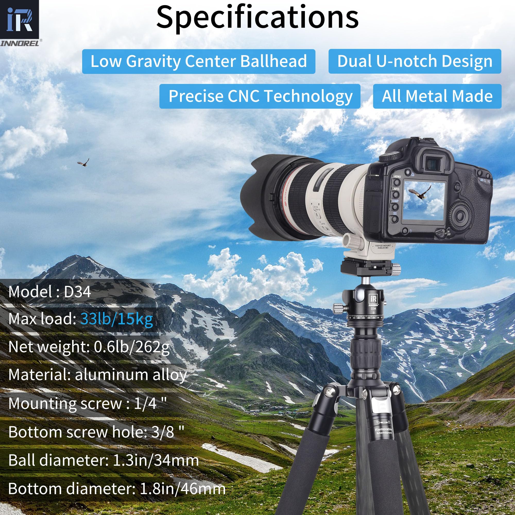 Testa a sfera per treppiede-INNOREL D34 Testa professionale per fotocamera panoramica a 360° per fotocamere DSLR, videocamere, DV con piastra a sgancio rapido da 1/4" Arca Swiss Carico 15 kg