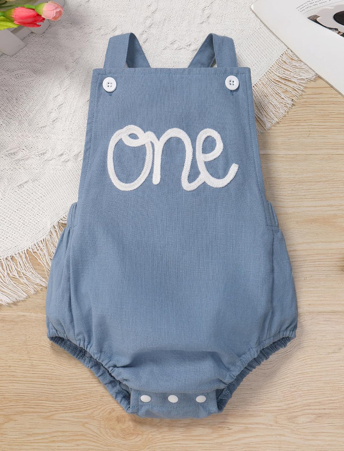IMEKIS Baby Girls Boys Boho 1st Birthday Outfit Backless Overalls Romper for Cake Smash Photo Shoot