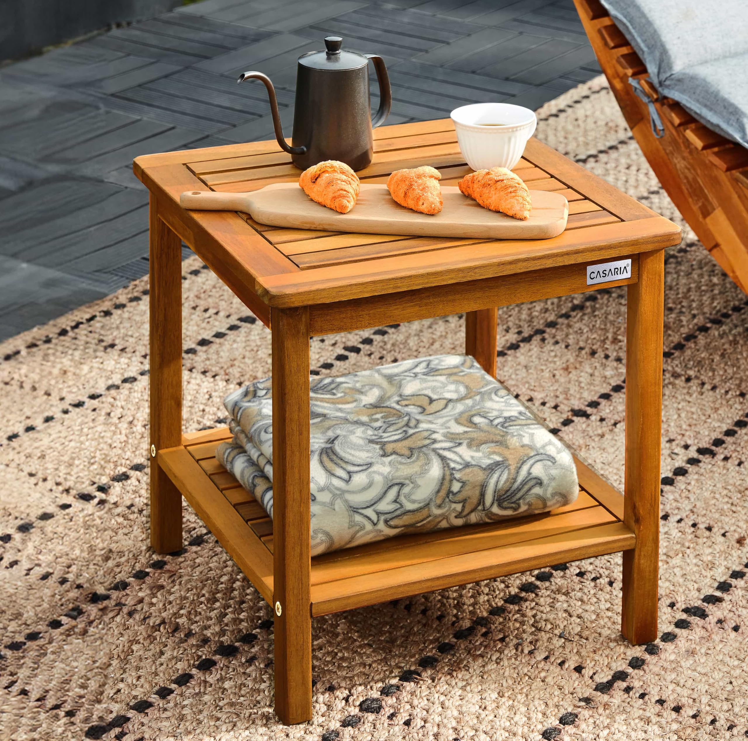 Casaria® Mesa Auxiliar Madera Acacia 2 Estantes Mesita Jardín 45x45x45cm Resistente Intemperie Capacidad Carga hasta 80 Kg Mueble Exterior Interior Terraza Balcón