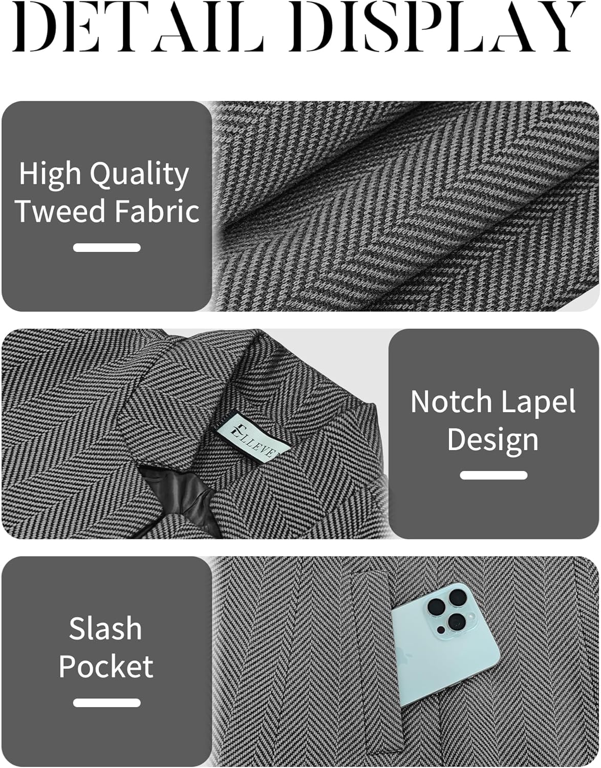 ELLEVEN Women’s Open Front Herringbone Blazer-Business Casual Long Sleeve Work Jacket with Full Lining and Padded Shoulders - Image 5