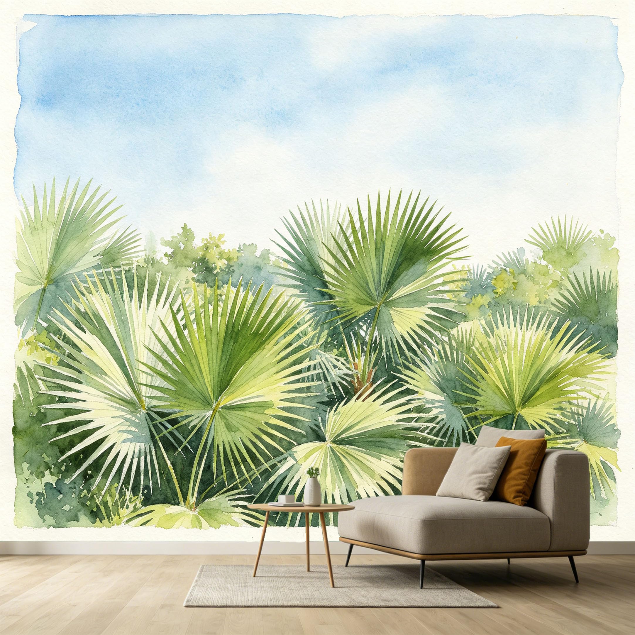 Custom Size Wall Murals Tropical Botanical Watercolor Palm Leaves Jungle Self-Adhesive Wall Fabric Removable Wallpaper Wall for Living Room Bedroom Office Decor