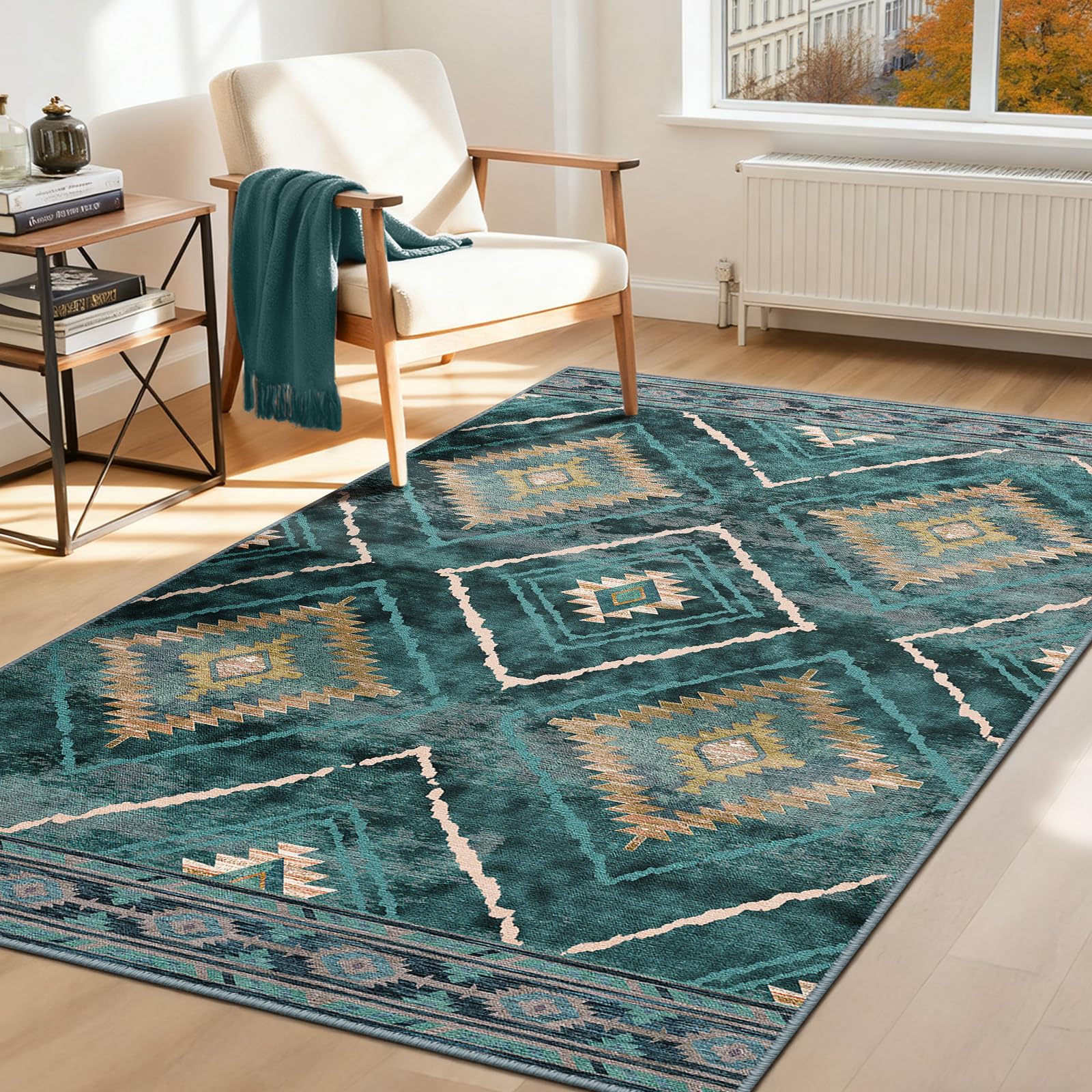 DEFYNEE Teppich Wohnzimmer, Waschbarer Teppich Läufer, Kurzflor, rutschfest, Pflegeleicht, Vintage & Boho Rug für Hund, Flur, Küche, Korridor