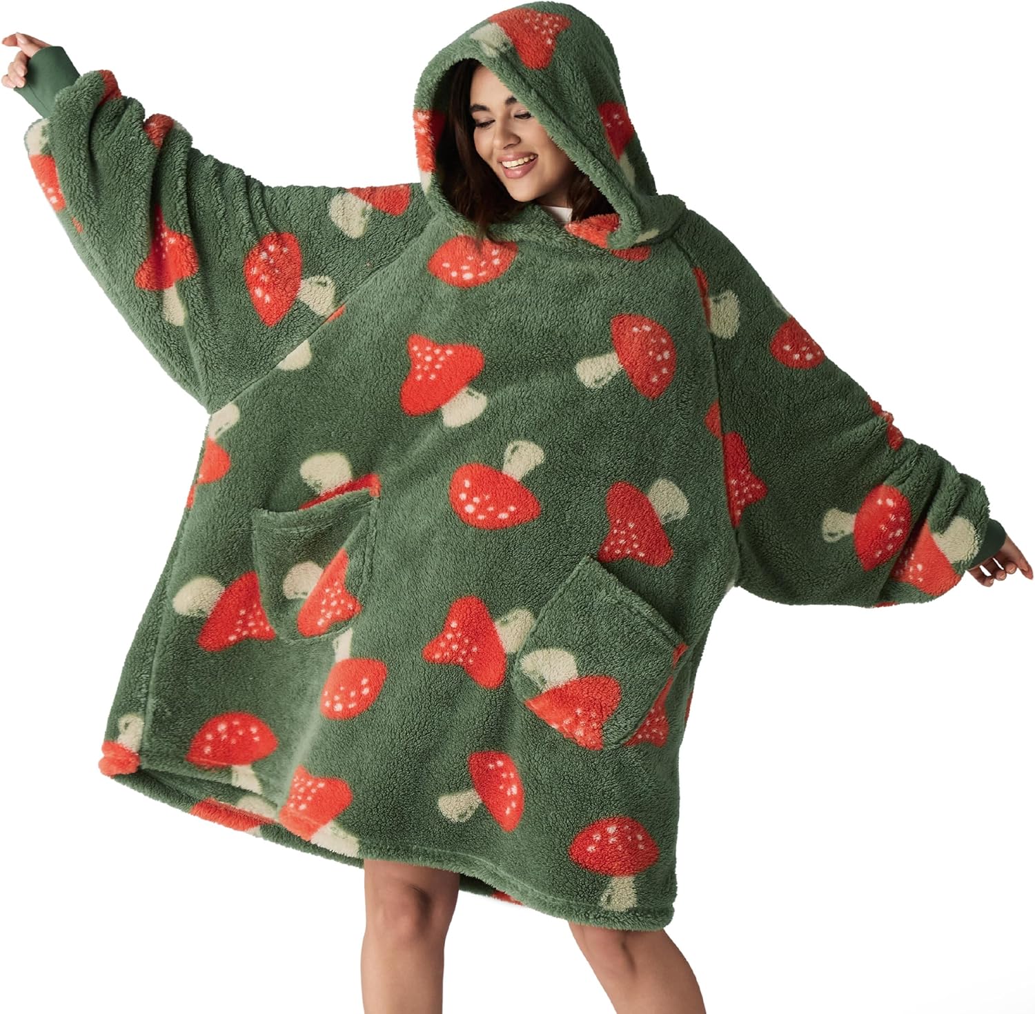 Bedsure Wearable Blanket Hoodie Mushroom Gifts for Women Men - Shaggy Sherpa Cozy Mushroom Hoodie Blanket for Adult Men, Warm Hooded Sweatshirt, Dark Green