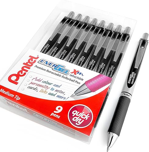 Pentel EnerGel XM BL77 - Bolígrafo retráctil de tinta de gel líquido, 0.028 in, 52% reciclado, cartera de 9 unidades, color negro
