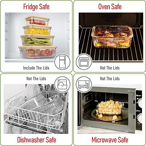 Miniatura 5 de Juego de tupperware de vidrio acanalado con tapas de bambú, 4 recipientes apilables para preparación de comidas. Vidrio de borosilicato inerte