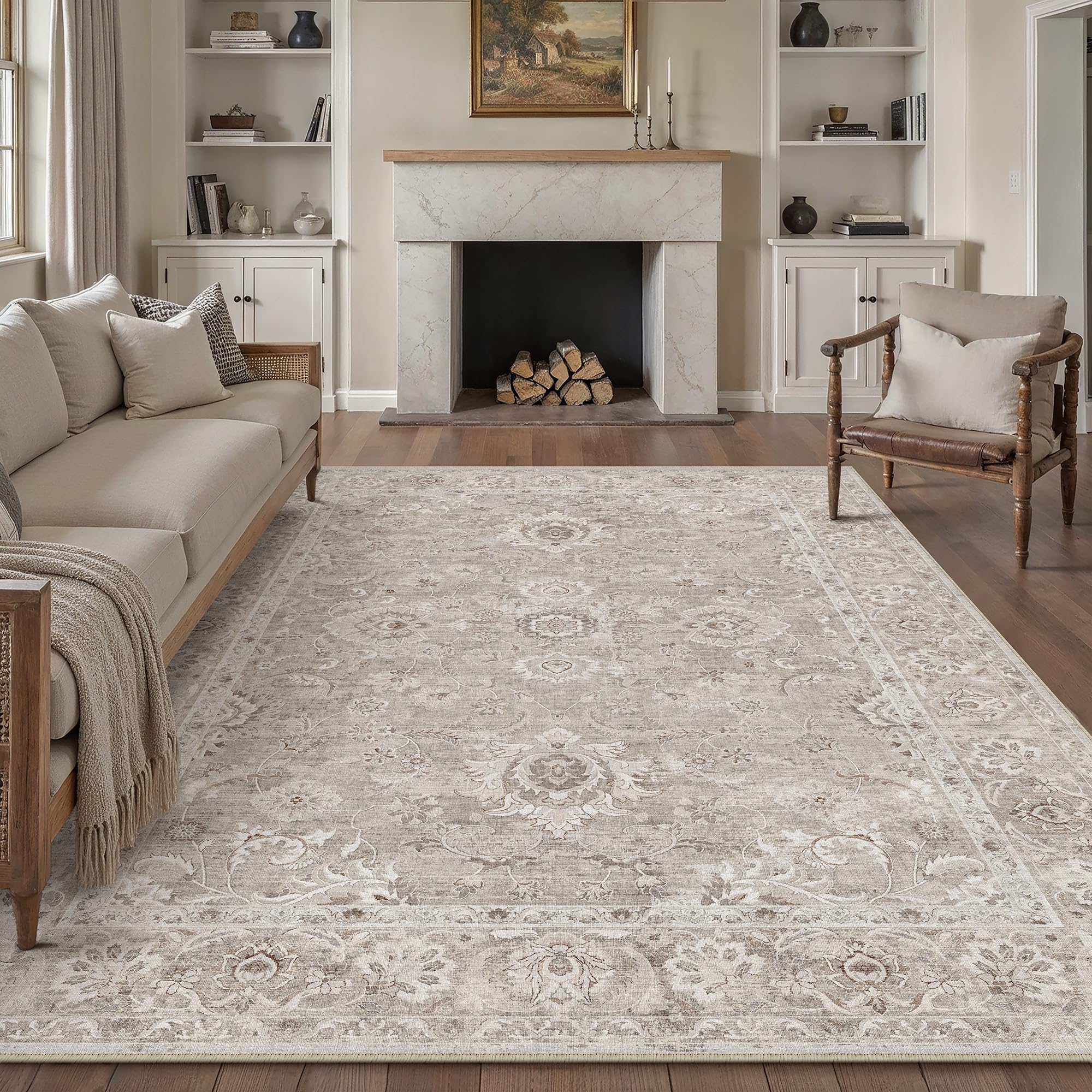 PureCozy Vintage Waschbarer Grau Teppich klein Carpet Kurzflor rutschfest Boho Rug