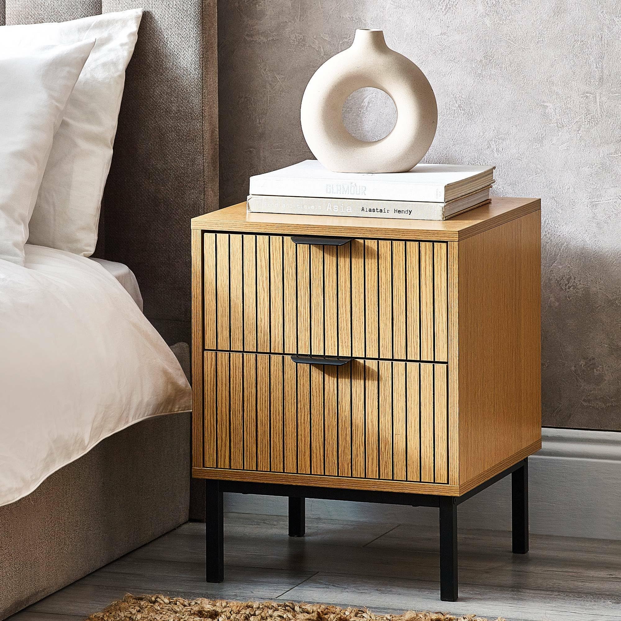 Julian Bowen Sia 2 Drawer Bedside Table - Warm Wood - Vertical Slat Effect - Black Handles & Legs