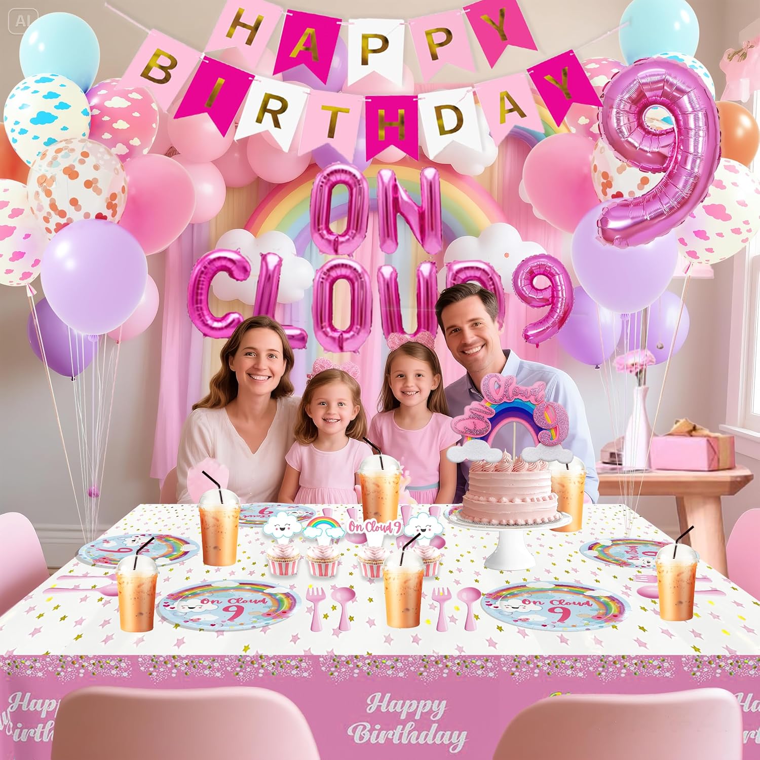 On Cloud 9 Birthday Decorations for Girls Rainbow 9th Party Decorations Balloons Plates and Napkins Set with Tablecloth Backdrop happy birthday decorations 9 year old girl