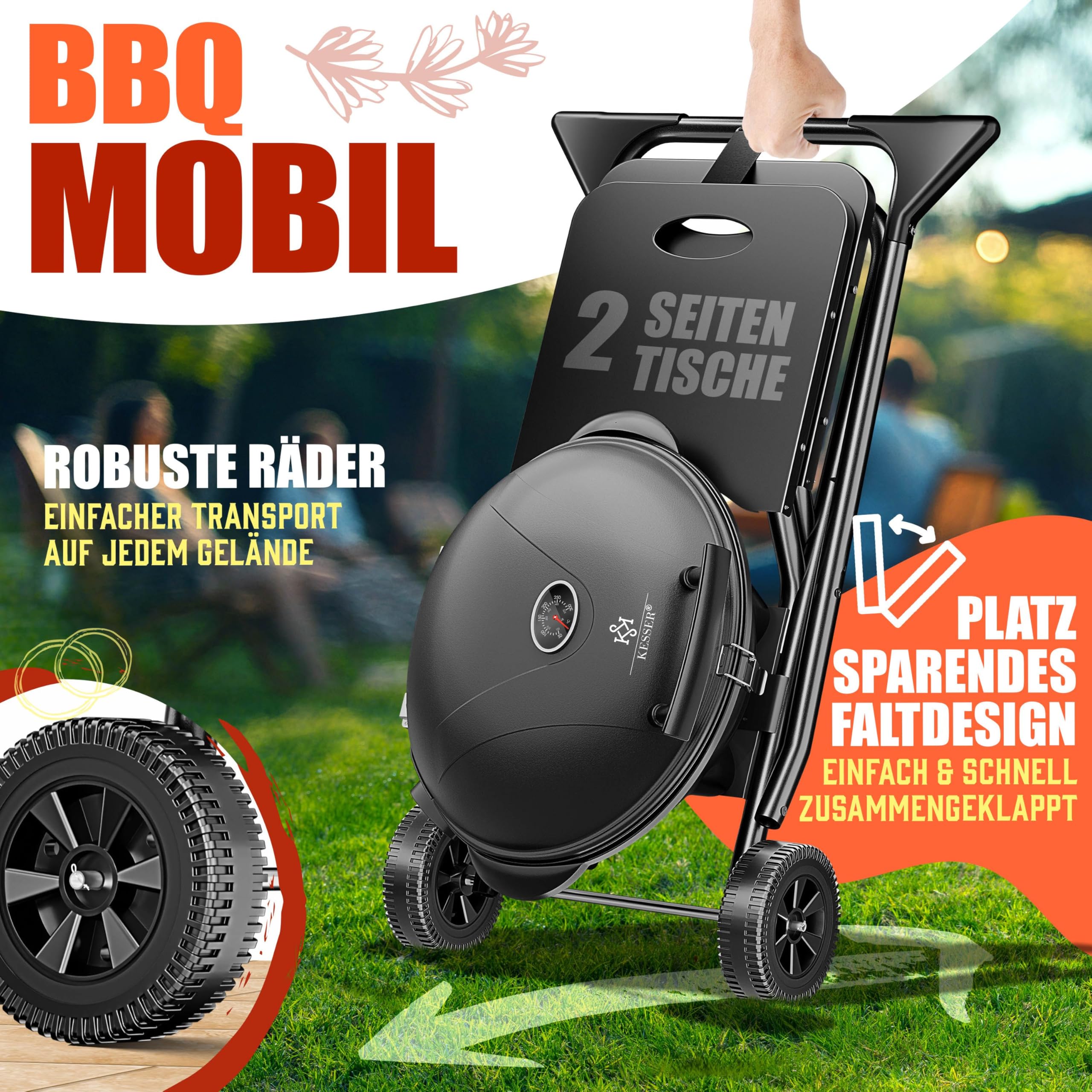 KESSER® Barbecue elettrico 2 in 1 da tavolo - griglia da terra con coperchio | max. 2400 Watt | Pieghevole | Termostato | Rivestimento antiaderente | Piastra griglia Tavoli di appoggio | 2 Ruote |