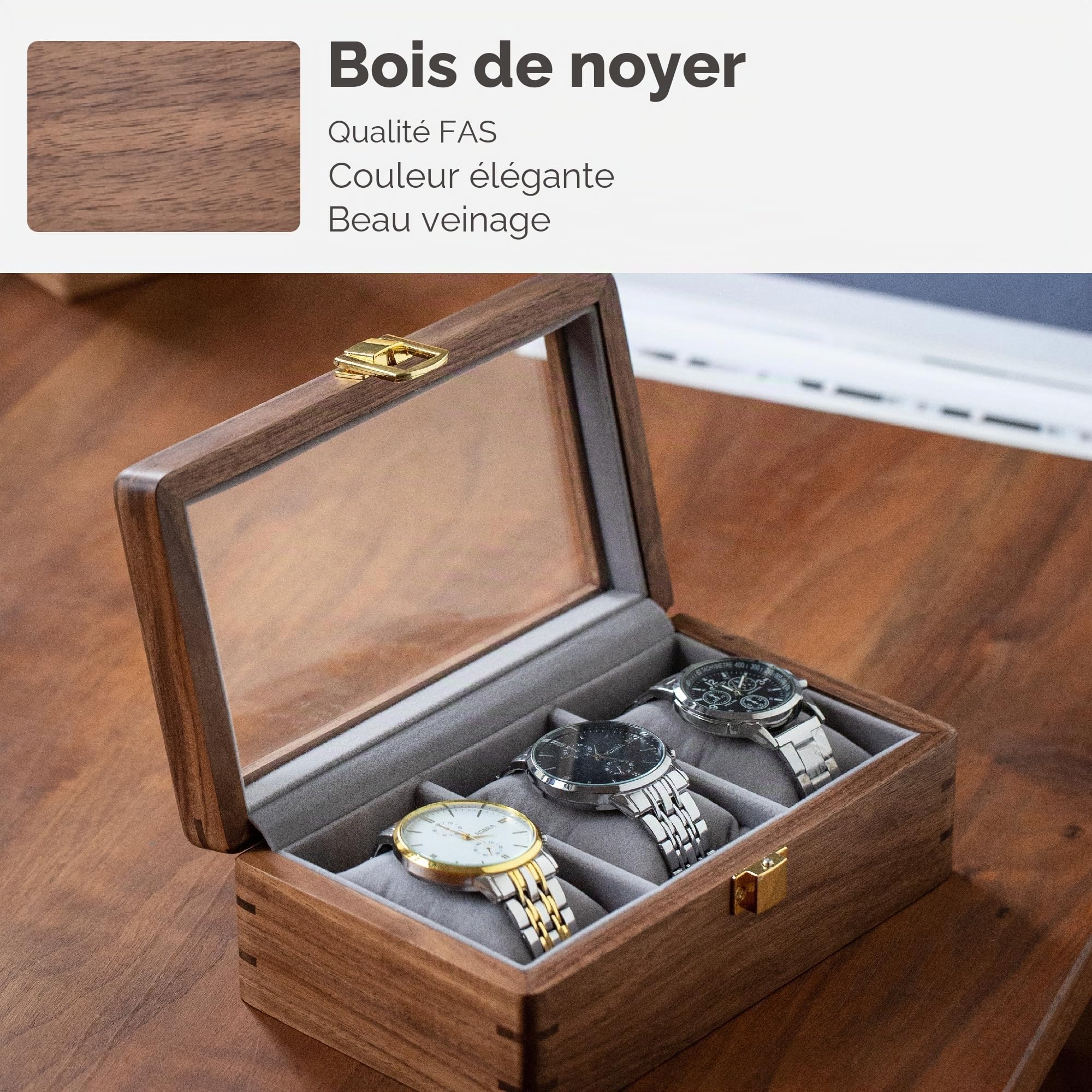 muso wood Boîte à montres en bois de noyer massif d'Amérique du Nord de luxe avec fenêtre en verre et fermeture en métal pour 3 montres 20 x 12 x 9 cm, SN109-D