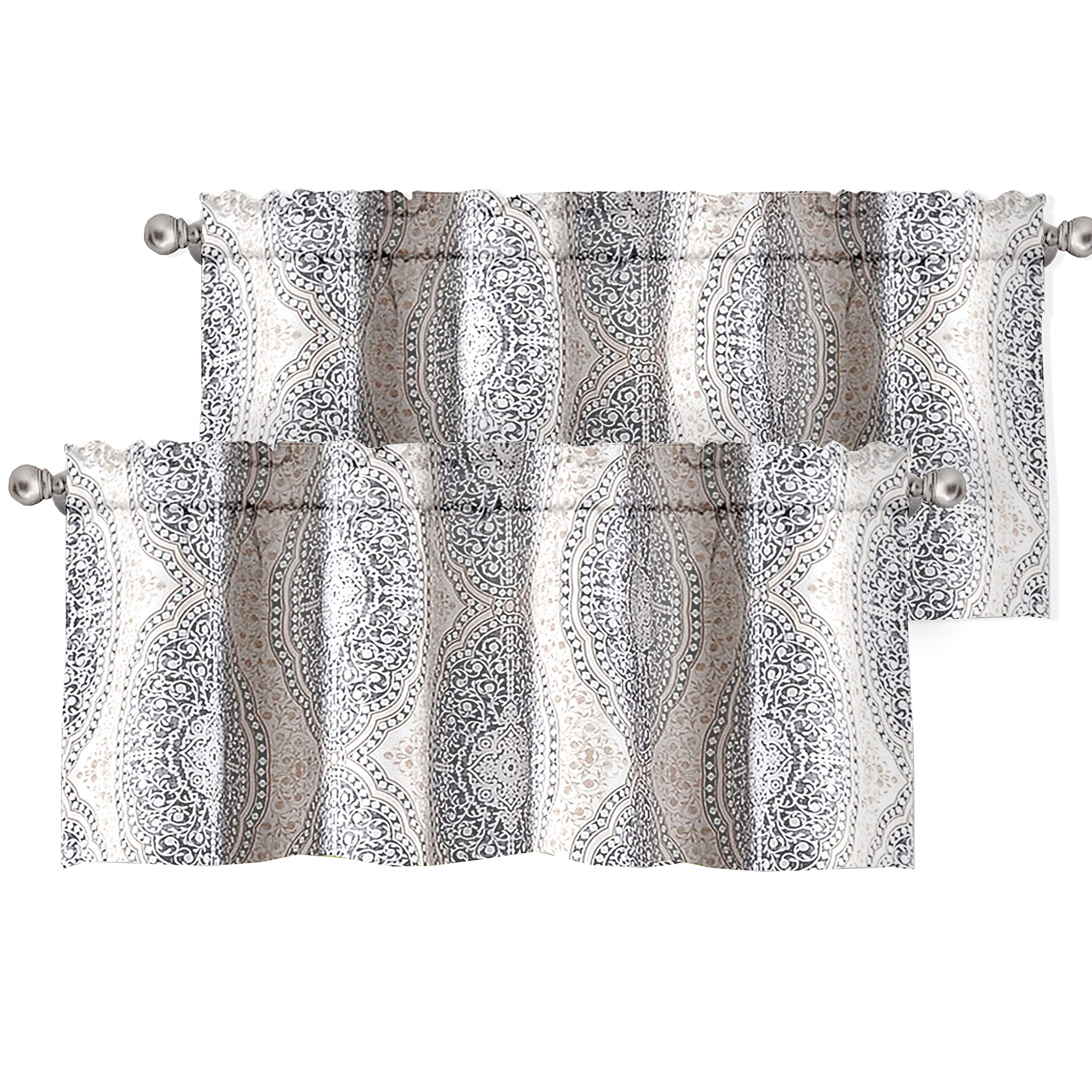 DriftAway Adrianne Damask and Floral Pattern Window Curtain Valance 2 Pack 52 Inch by 18 Inch Plus 2 Inch Header Beige and Gray