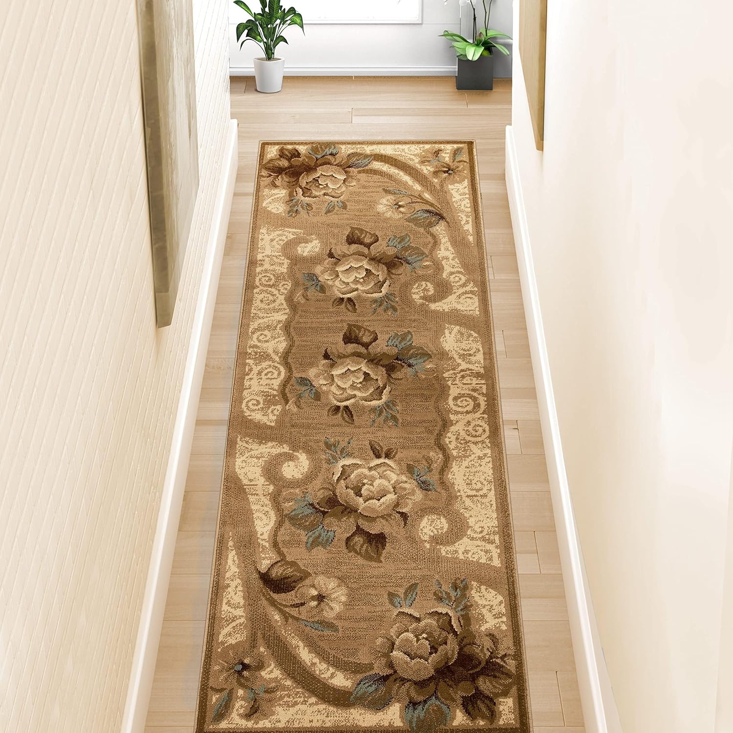 Superior Indoor Runner Rug, Jute Backing, Plush Modern Farmhouse Rug for Hallway, Living Room, Kitchen Floors, Bedroom, Office Floor Cover, Floral Scroll Rugs, Rinceau Collection, 2' 7" x 8', Taupe