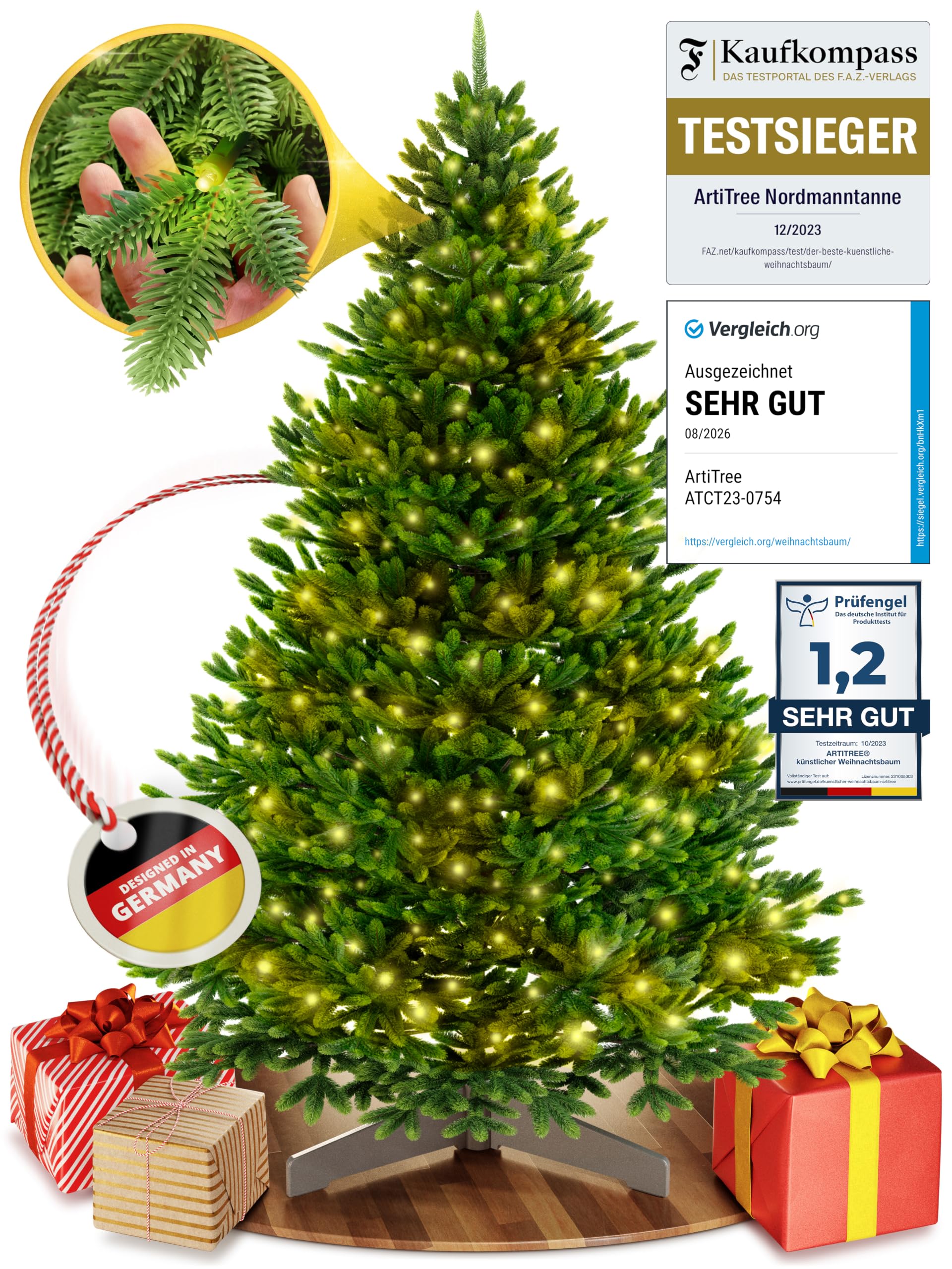 ArtiTree Künstlicher Weihnachtsbaum mit Beleuchtung 180 cm – Nordfichte