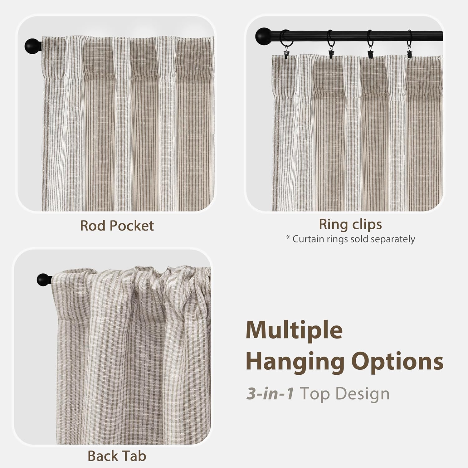 DriftAway 100% Blackout Linen Ticking Striped Curtains Double Layer Farmhouse Drapes 84 Inches Long for Living Room Bedroom Yarn Dyed Woven Thermal Insulated Rod Pocket Back Tab 2 Panels Beige/Cream