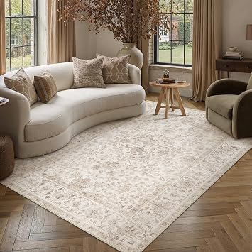 PureCozy Vintage Rugs Living Room 160x230cm Beige Area Rug Machine Washable Non Slip Kids Bedroom Large Carpet Bedside Nursery Lounge Office Playroom Low Pile Carpets