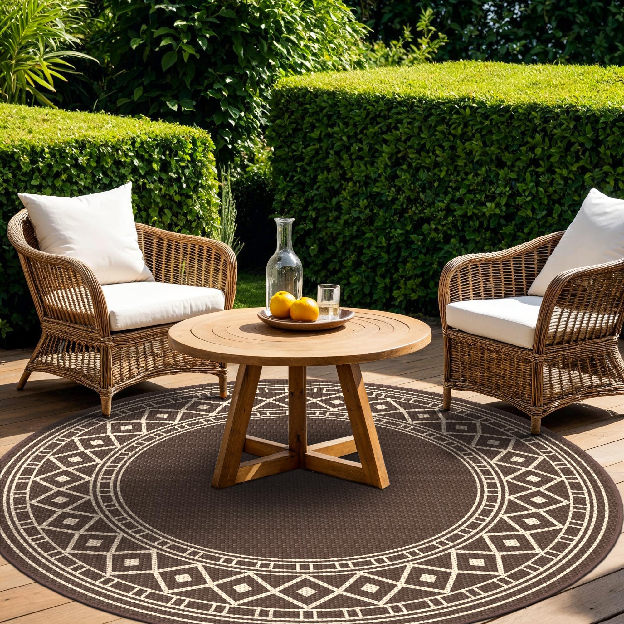 GENIMO Outdoor Rug Waterproof for Patio Decor, Round 10' Foldable Reversible Plastic Straw Carpet, Outside Area Mat for Rv, Deck, Picnic, Porch,