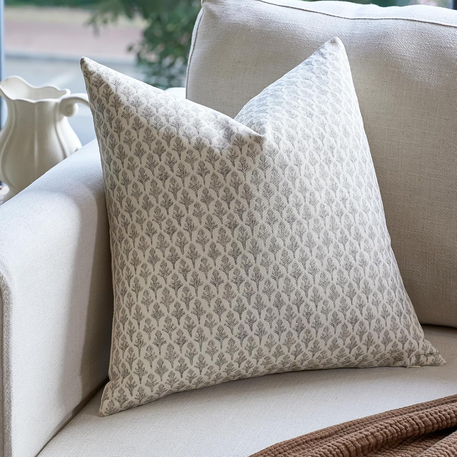 MOROCO Floral Throw Pillow Covers 18x18 Couch Pillows for Living Room Block Print Decorative Accent Pillow Covers Farmhouse Neutral Pillow Covers 1PC, Pale Taupe - Image 4