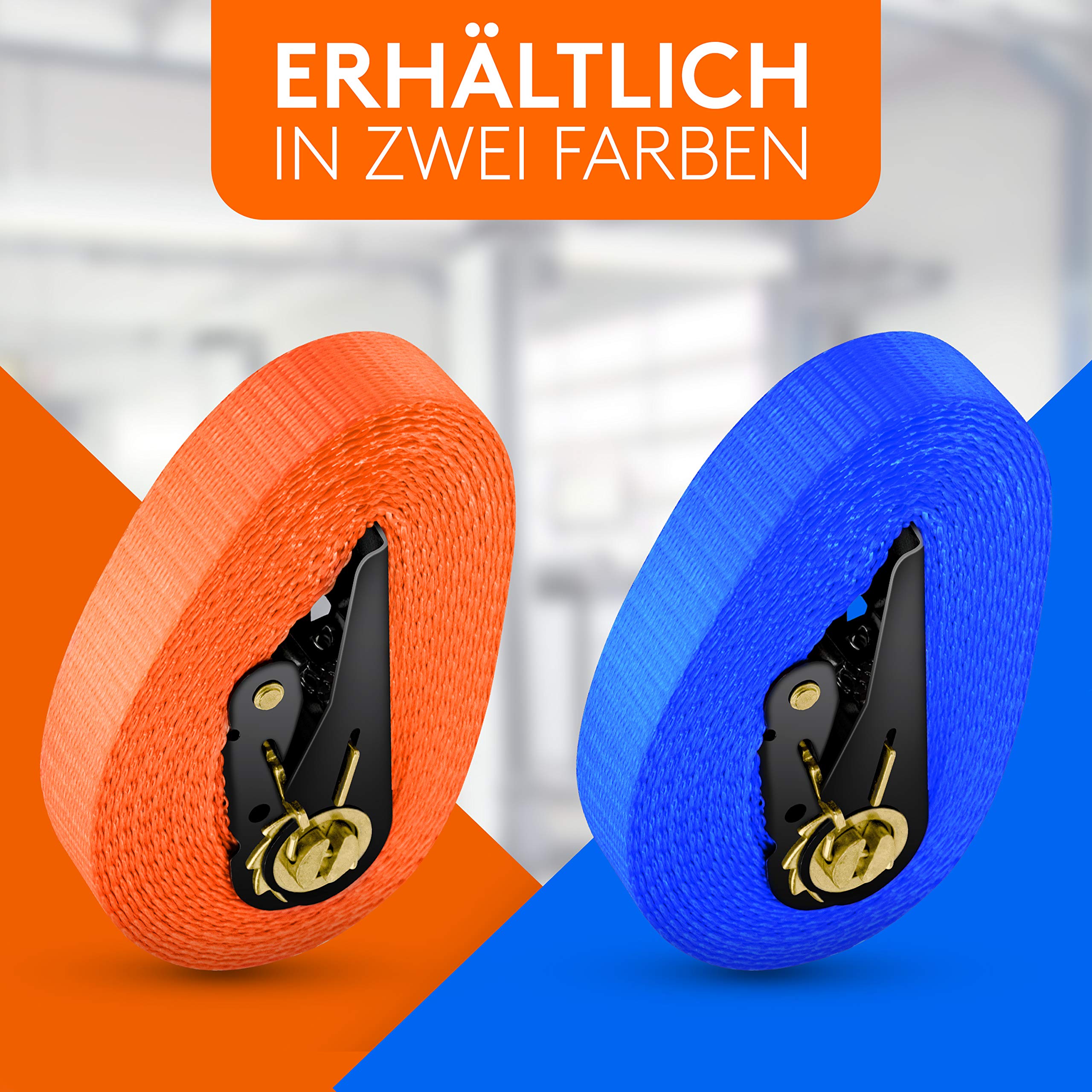 Cinghie con cricchetto, set di 4 cinghie a 6 m, 1000 kg, omologate TÜV G/S, DIN EN 12195-2, fissaggio estremamente robuste per il del carico, incluse protezioni angolari