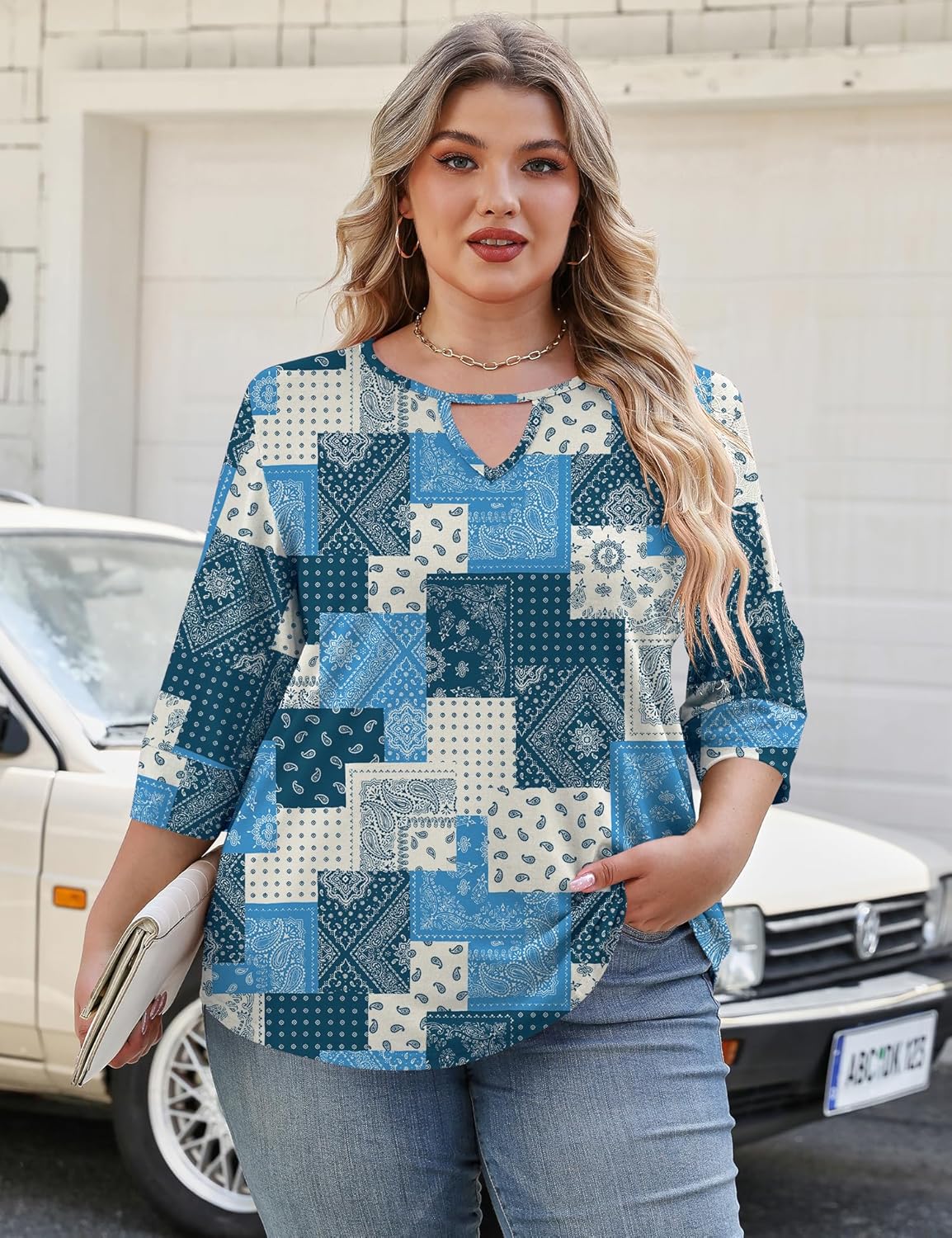 Rapbin Womens Plus Size Tops 3/4 Length Sleeve Shirts Crewneck Dressy Casual Blouses Trendy Keyhole Tunic Top XL-5XL - Image 5