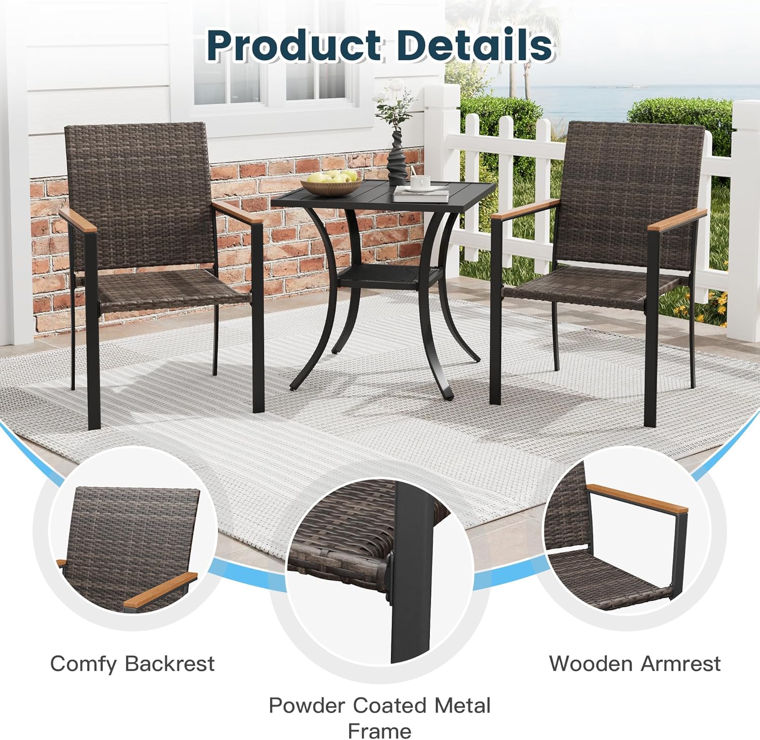 5 Pieces Outdoor Dining Set, Patio Furniture Set Includes 37.8" Square Metal Dining Table with Umbrella Hole and 4 Stackable Rattan Chairs for Balcony, Porch, Backyard, Brown