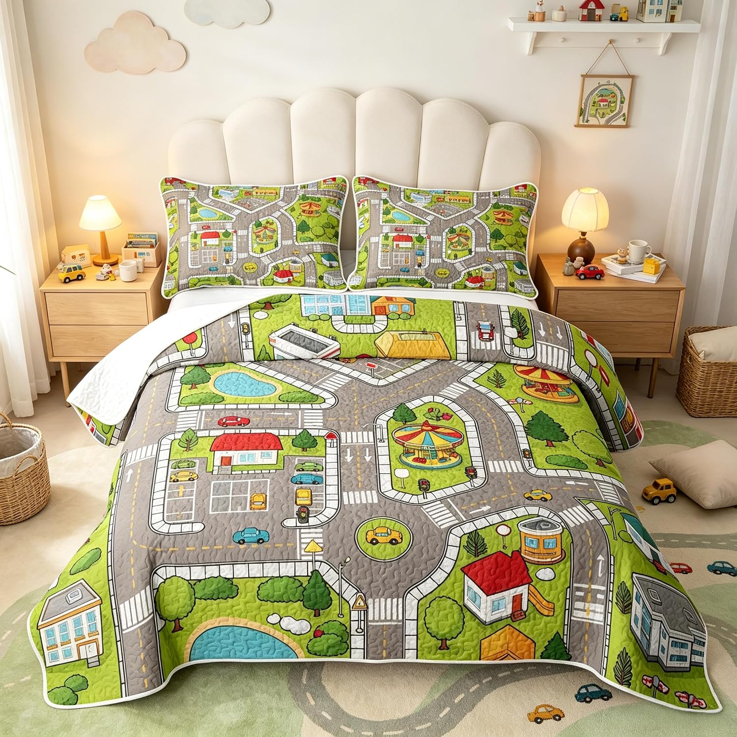 Manfei Cartoon City Map Quilt Set Road Building Playground Tree Quilted Coverlet Kids Boys Girls Play Adventure Car Map Lightweight Soft Bedspread Coverlet with 2 Pillow Sham Queen Size Blue Green