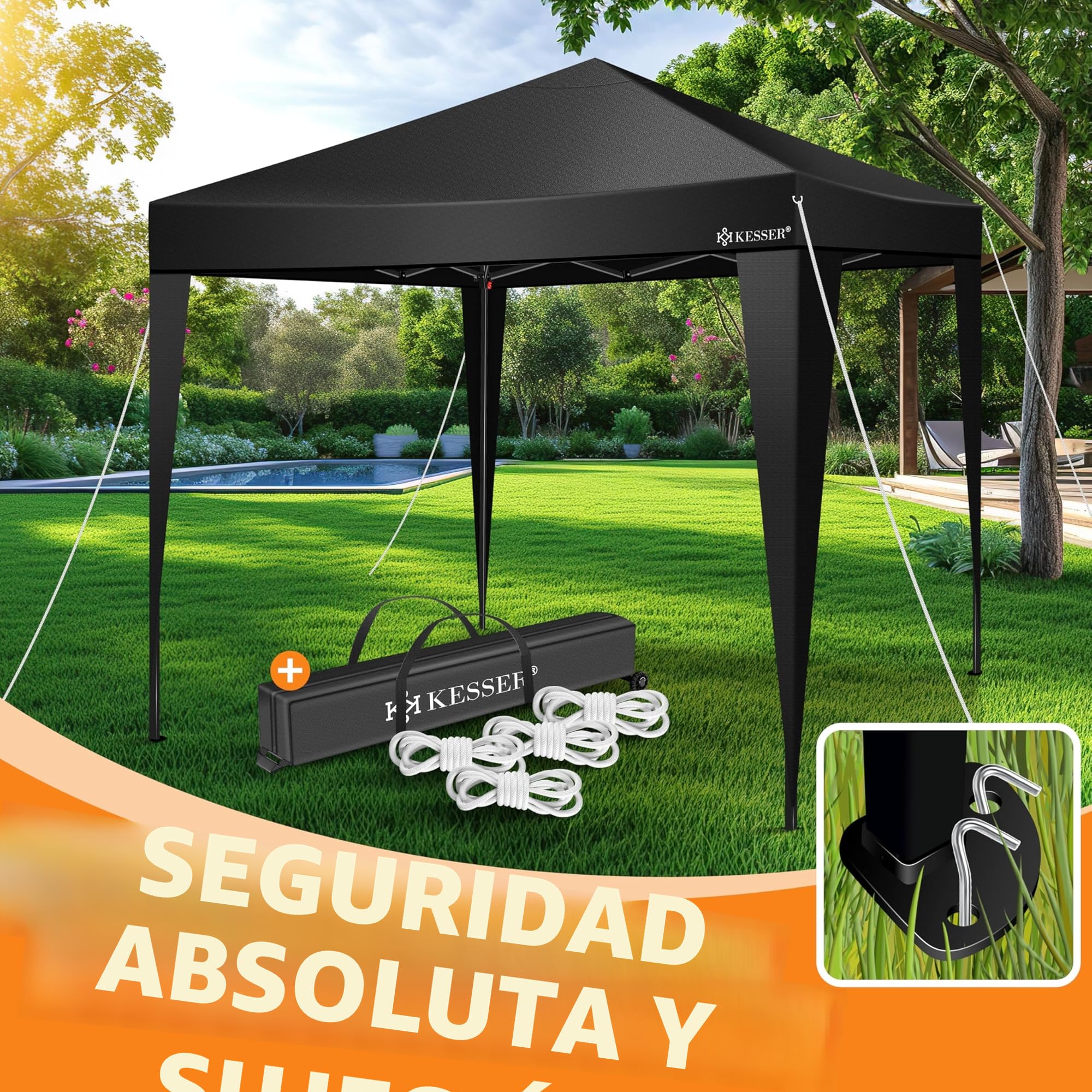 KESSER® Carpa Plegable 3x3m | Pop-Up Regulable en Altura Estable Impermeable Resistente al Invierno | Protección UV 50+ Incluye Bolsa con Ruedas y Anclaje al Suelo - Negro/Negro