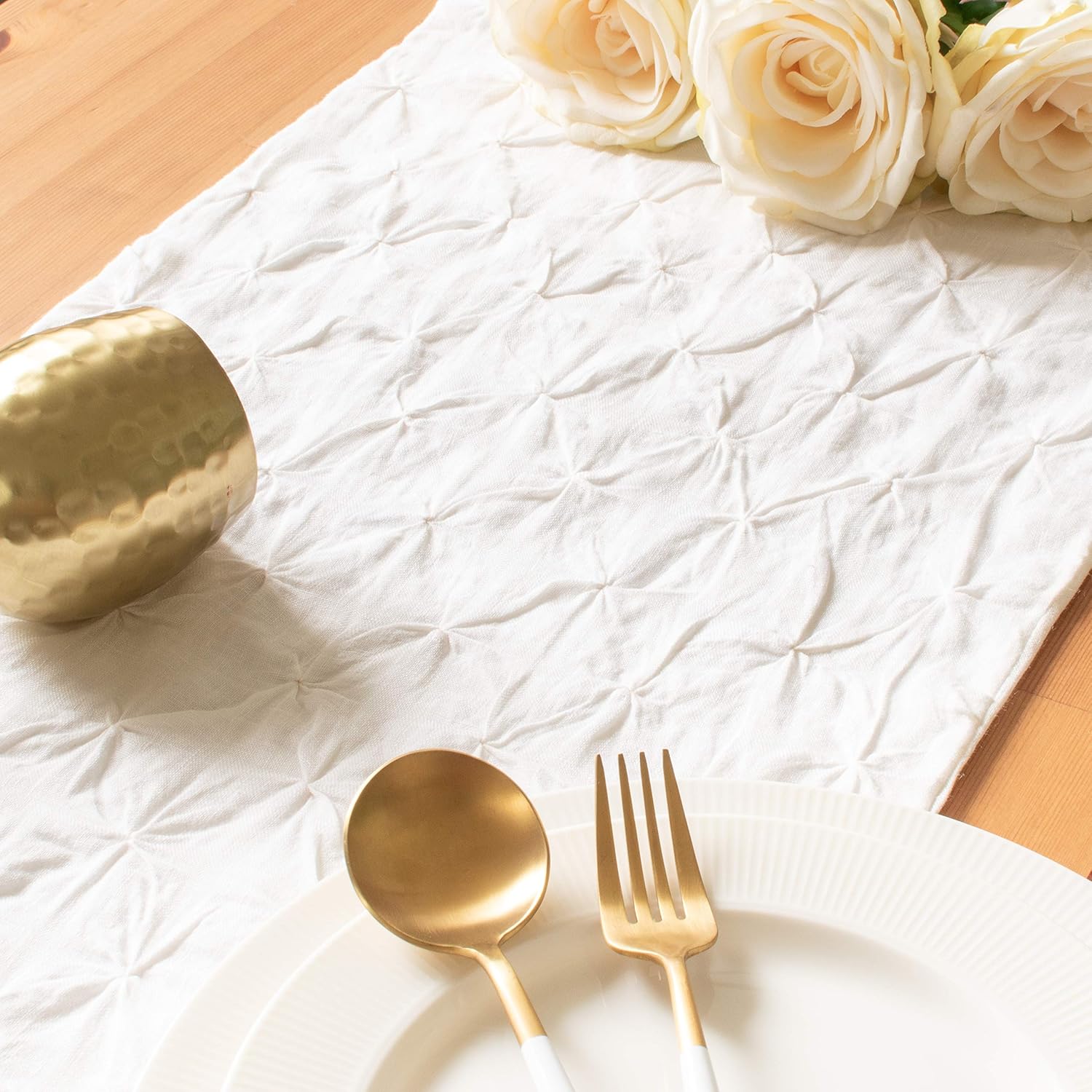 Cream Linen Dresser Scarf Table Runners (14x48 inch, Pack of 1, Pinch Pleat- Textured) Fabric Lined | Properly Finished, No Fray Edges | for Home, Kitchen, Dining Room, Holiday, Wedding Party Décor