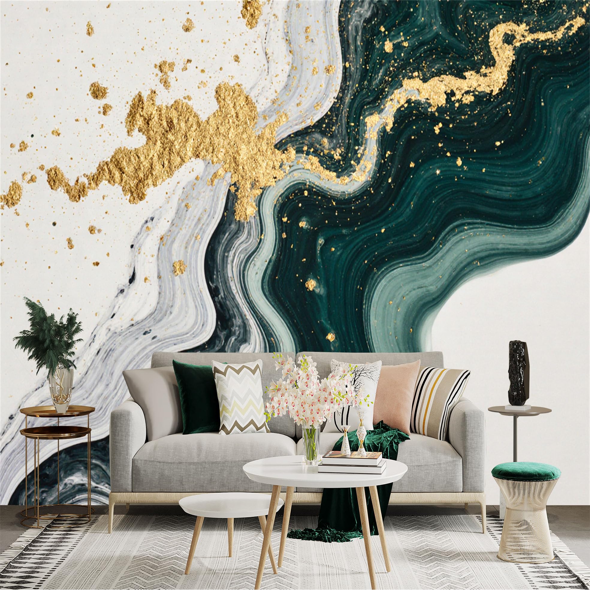 Custom Size Wall Sticker Mural， Modern Abstract Green and White Fluid Art， Elegant Gold Foil Accents， Luxury Marble Texture， for wall Decoration， peelandstick wall Decals.
