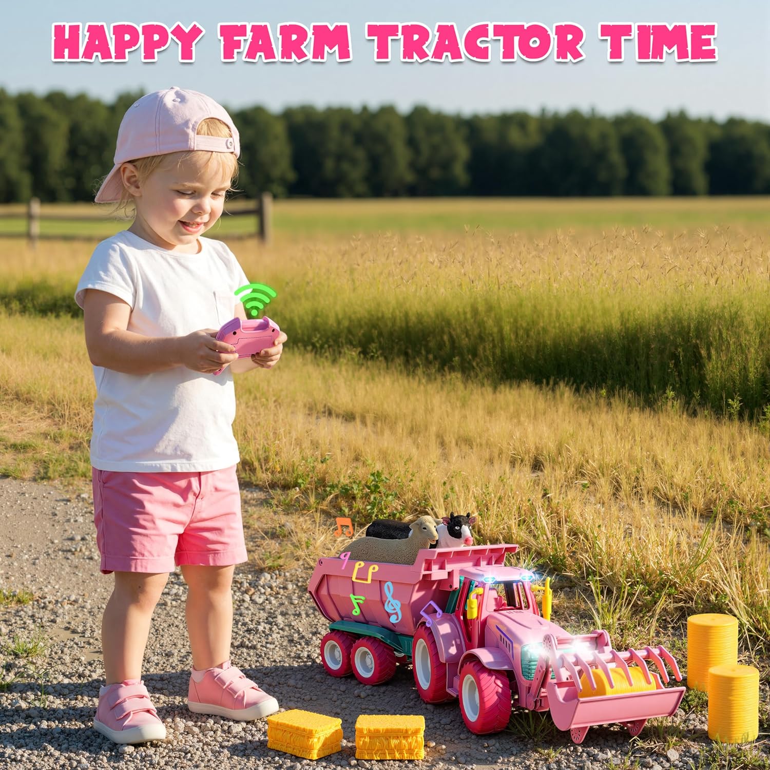 Funwee 2.4GHz RCトラクターおもちゃ ライト&amp;ミュージック付き キッドファームカーおもちゃ フロントローダー&
