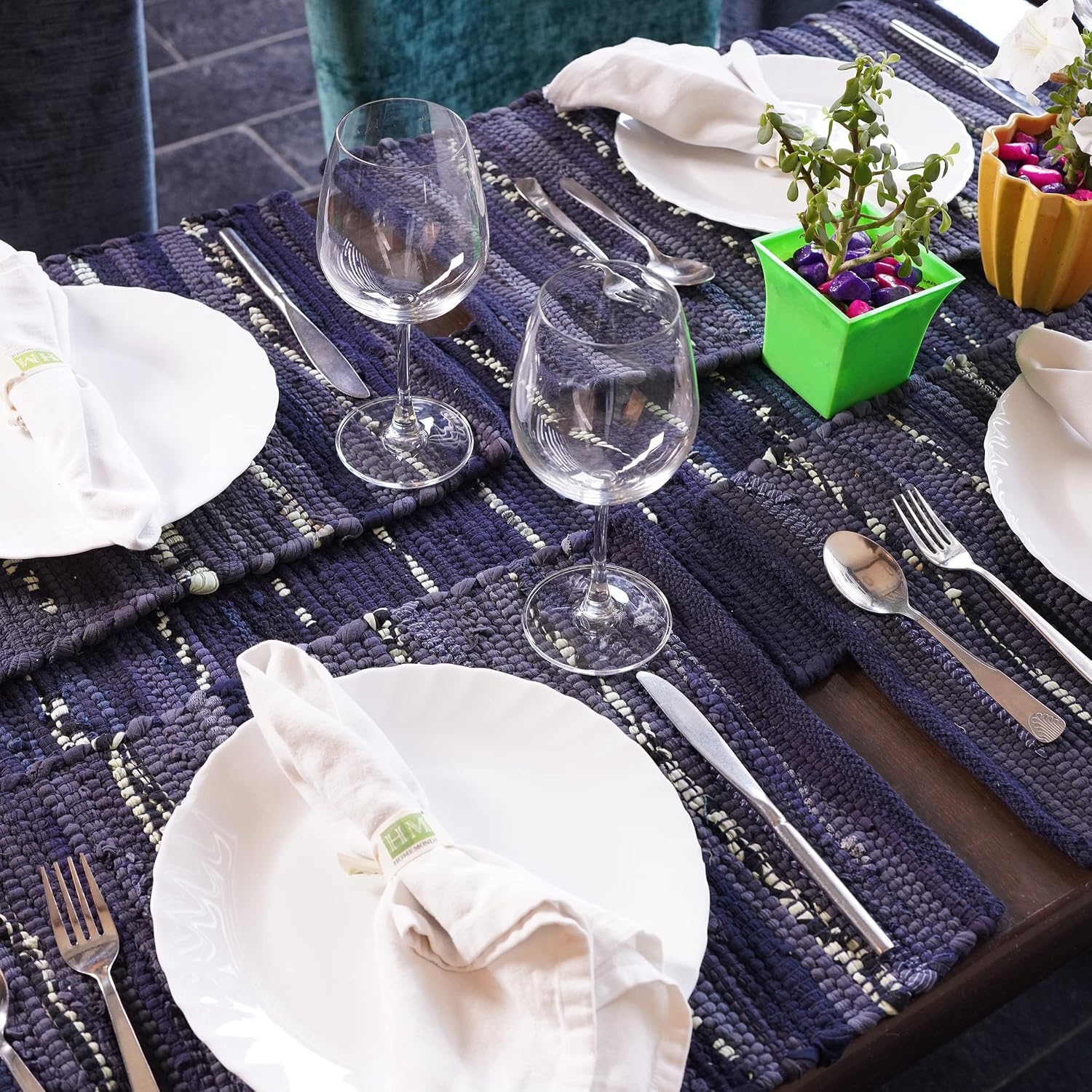 HOMEMONDE Set of 6 Eco Friendly Chindi Placemats - 13 x 19 Inches Recycled Cotton Home Decor Reversible Handmade Table Mats Perfect for Everyday Meals (Navy Blue)