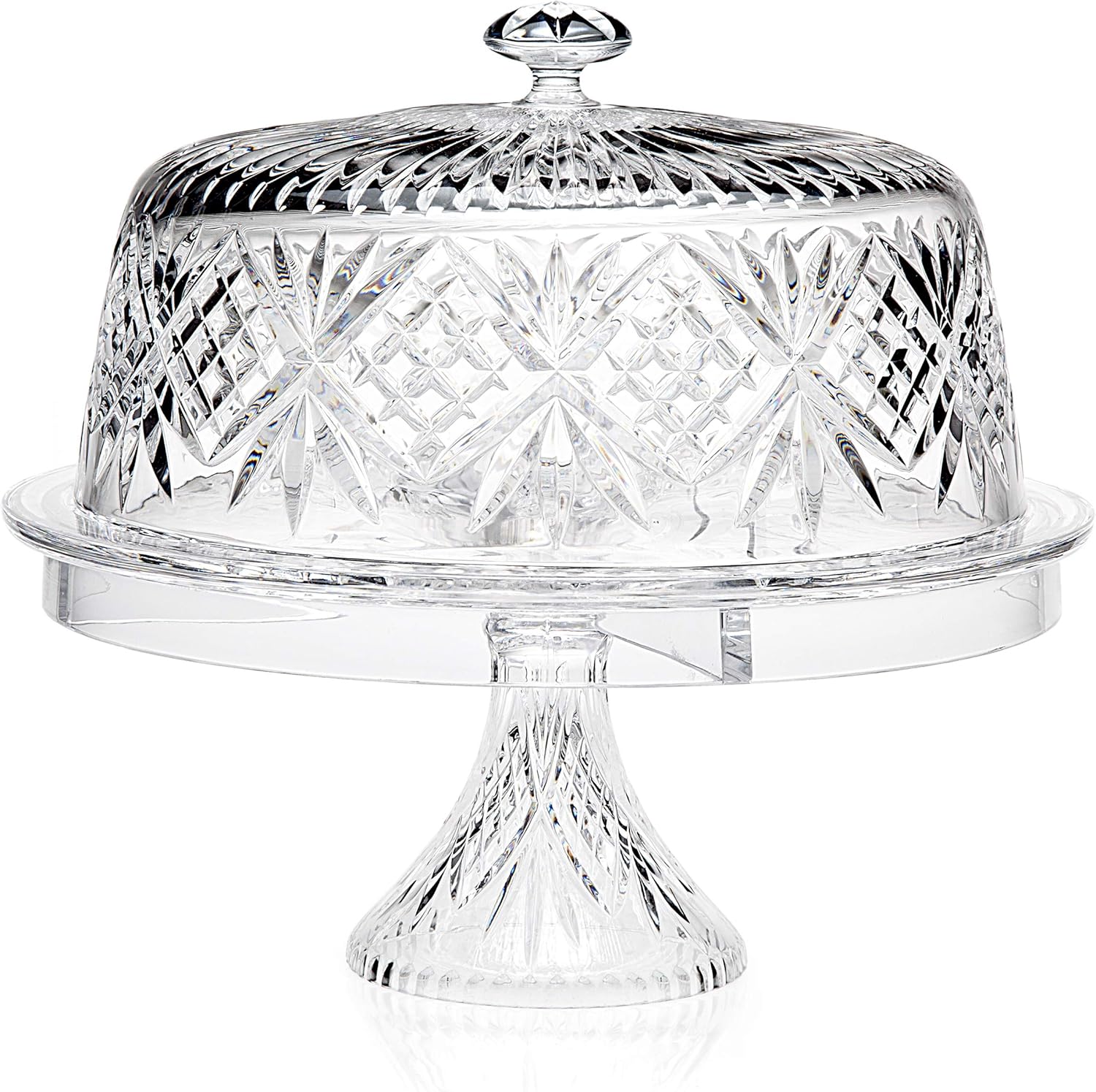 Godinger 4 in 1 Cake Stand, Cake Platter and Serving Plate Platter with Dome Cover, for Pastries, Desserts & More, Multi-Purpose Use - Dublin Crystal Collection