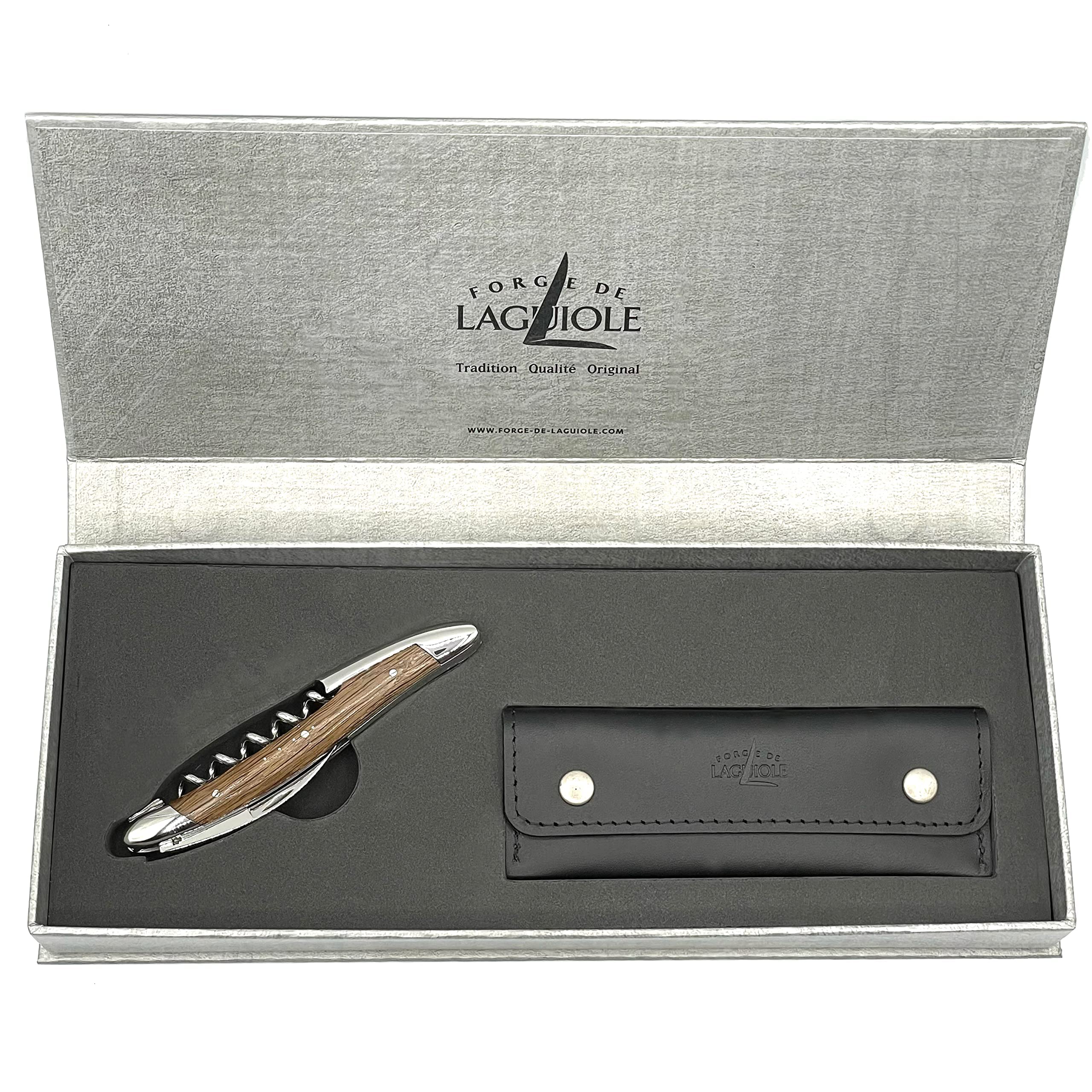 Forge de Laguiole Kellnermesser Sommelierbesteck - Griff Fossile Mooreiche - Edelstahl glänzend + Lederetui+Poliertuch