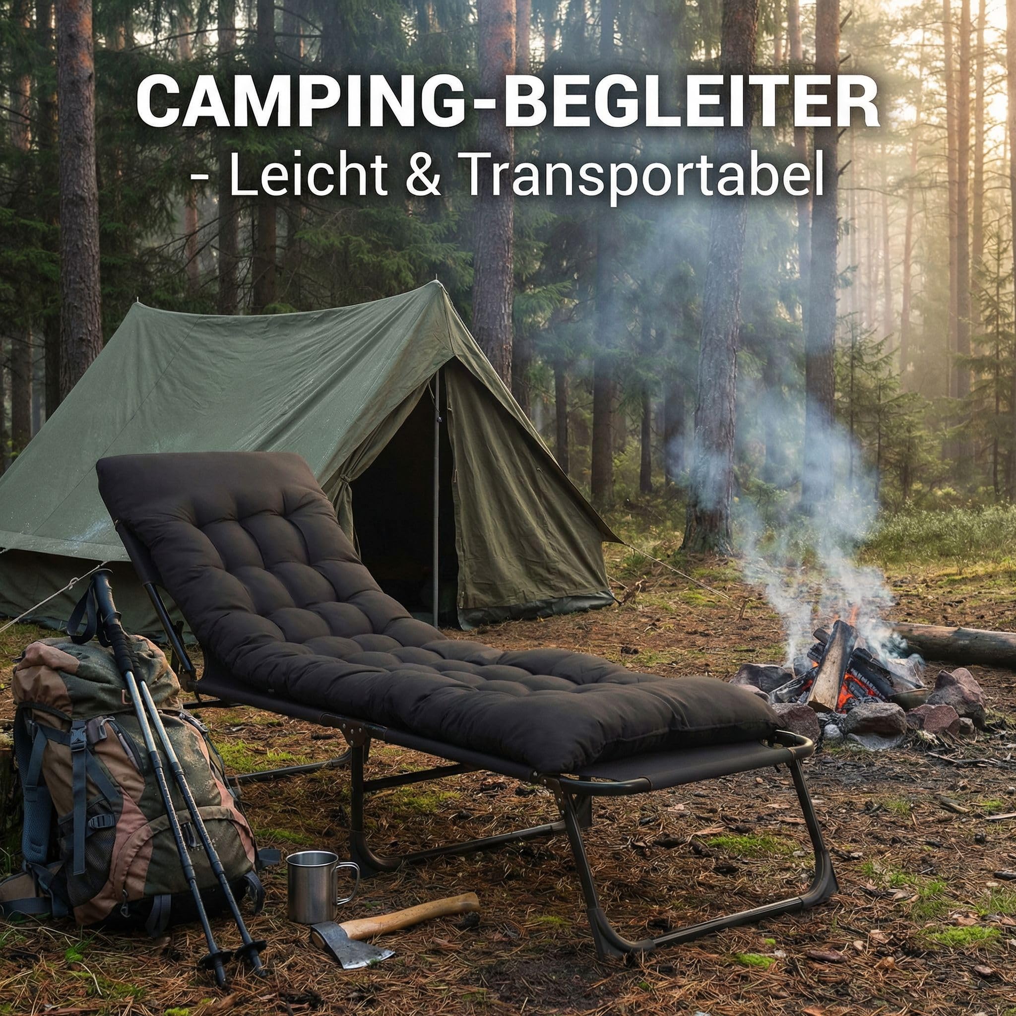 Folding Lounger,Sonnenliege Klappbett Gästebett Klappbar Liegestuhl,4 Positionen Verstellbares Tragbares Multifunktions-Campingbett,Mit Matratze Seitentasche (Schwarz 1 Stück)