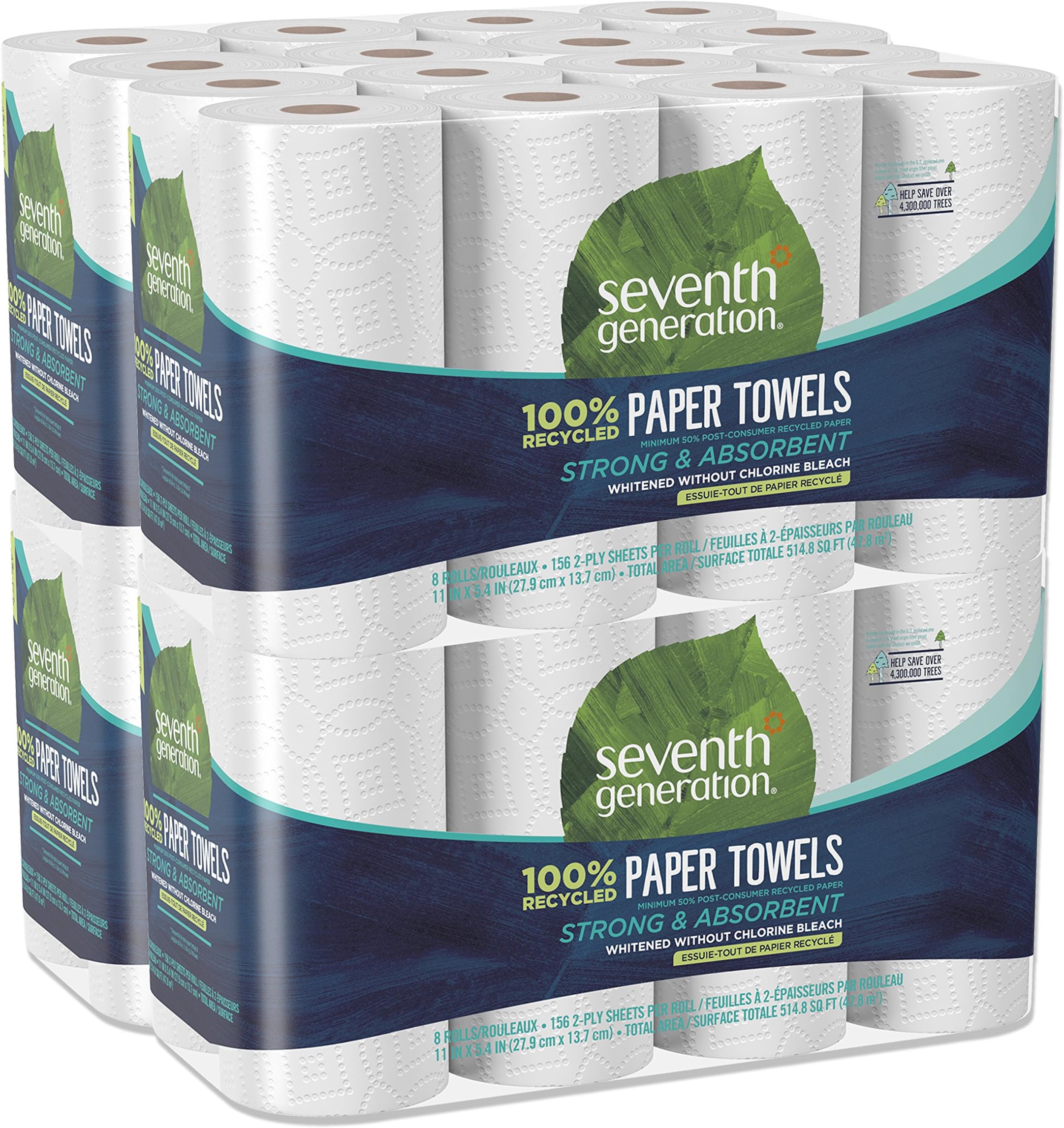 Seventh Generation 100% Recycled Paper Towels, 2-ply, 8 Count, Pack of 4