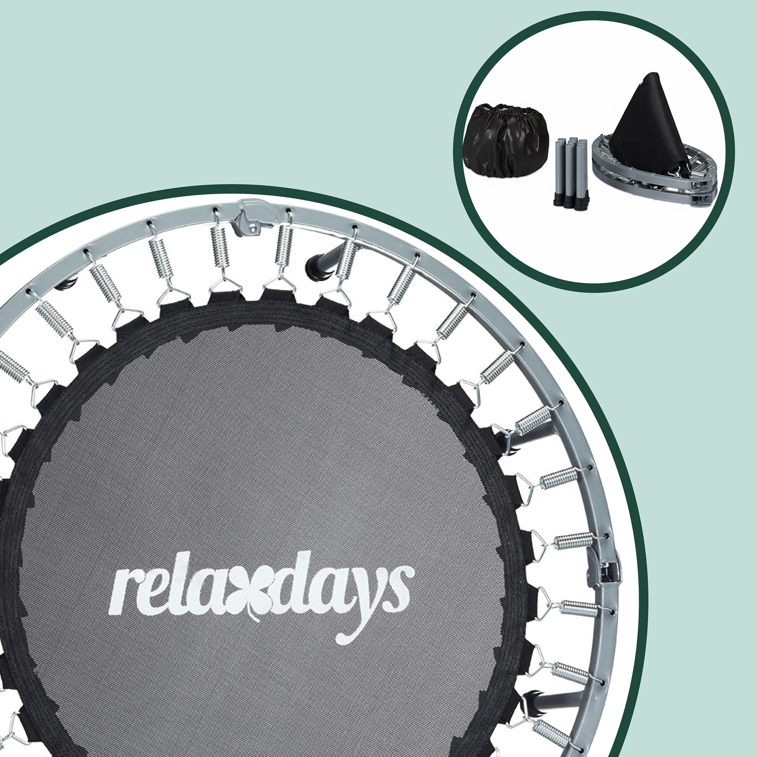 Relaxdays Trampolina do wnętrz, Ø 95 cm, składana mini trampolina do 100 kg, do uprawiania sportu i gimnastyki, trampolina fitness, czarna