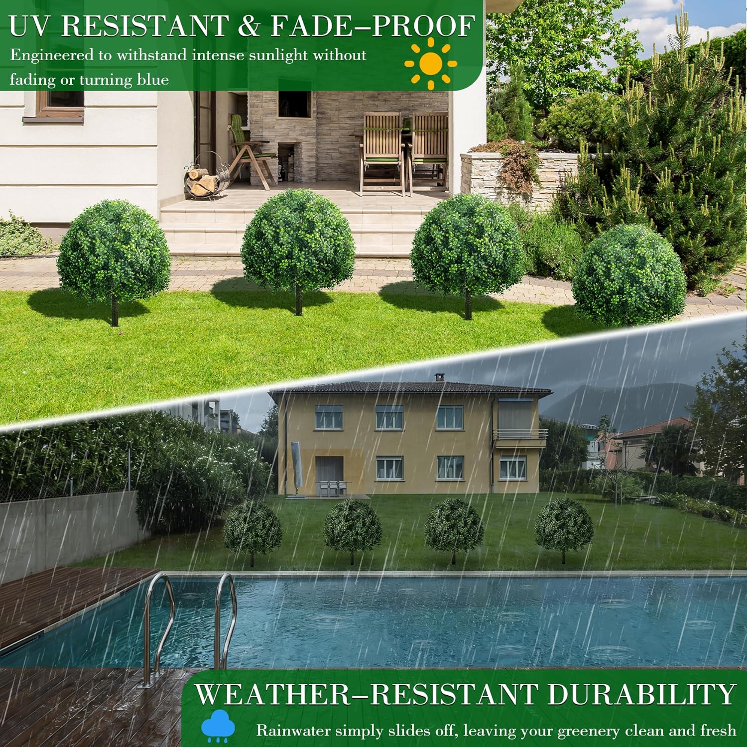 28 Inch Artificial Boxwood Trees, 2 Sets Faux Boxwood Topiary with Spikes, Pot Filler Fake Shrubs Plants for Outdoor Planters, Round Topiary Bush Balls Front Porch Home Garden Spring Decor