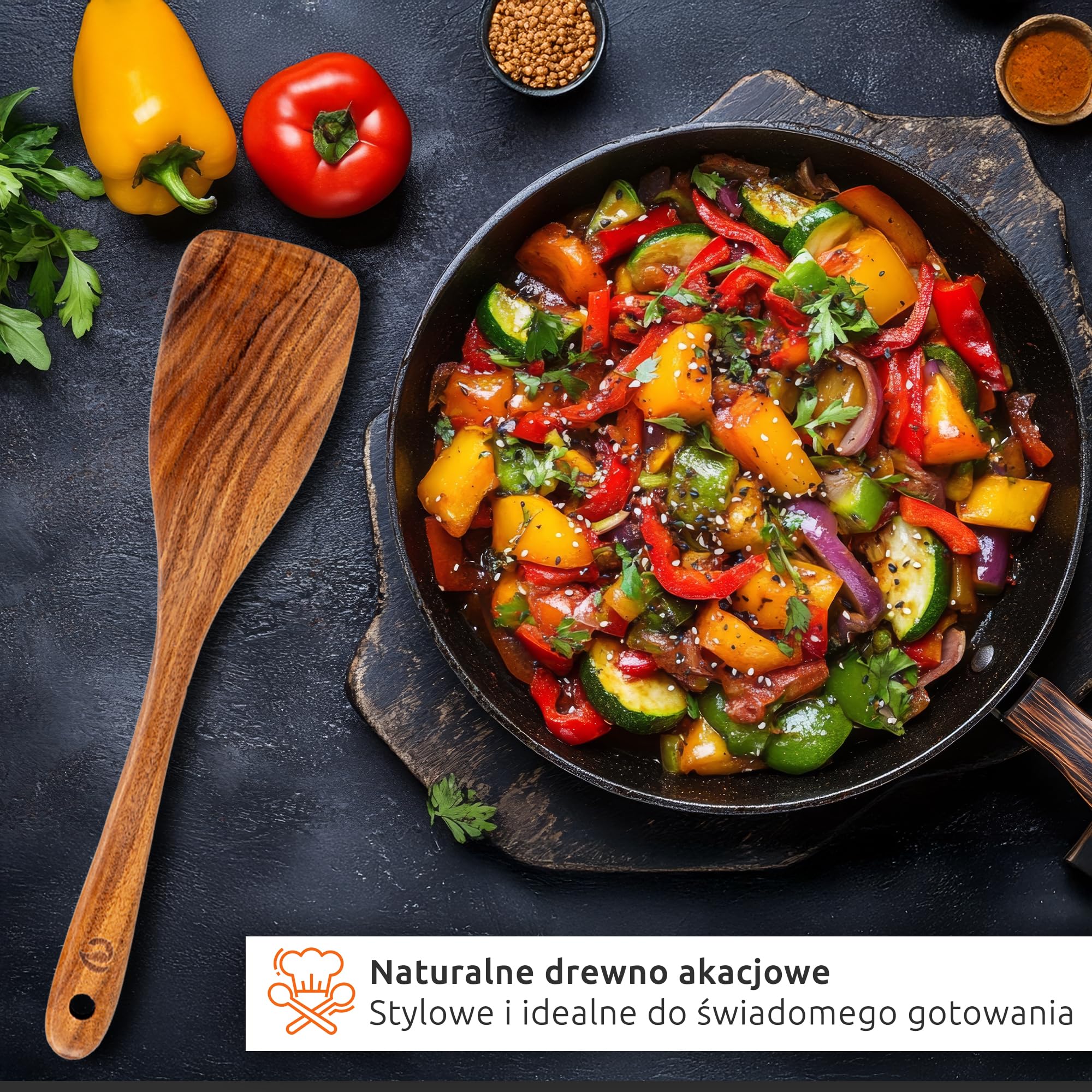 ECENCE Zestaw Łopatek z Drewna Akacjowego - 3-częściowy Zestaw Przyborów Kuchennych - Drewniane Łopatki Odporne na Ciepło - do Patelni Nieprzywierających i Garnków z Powłoką