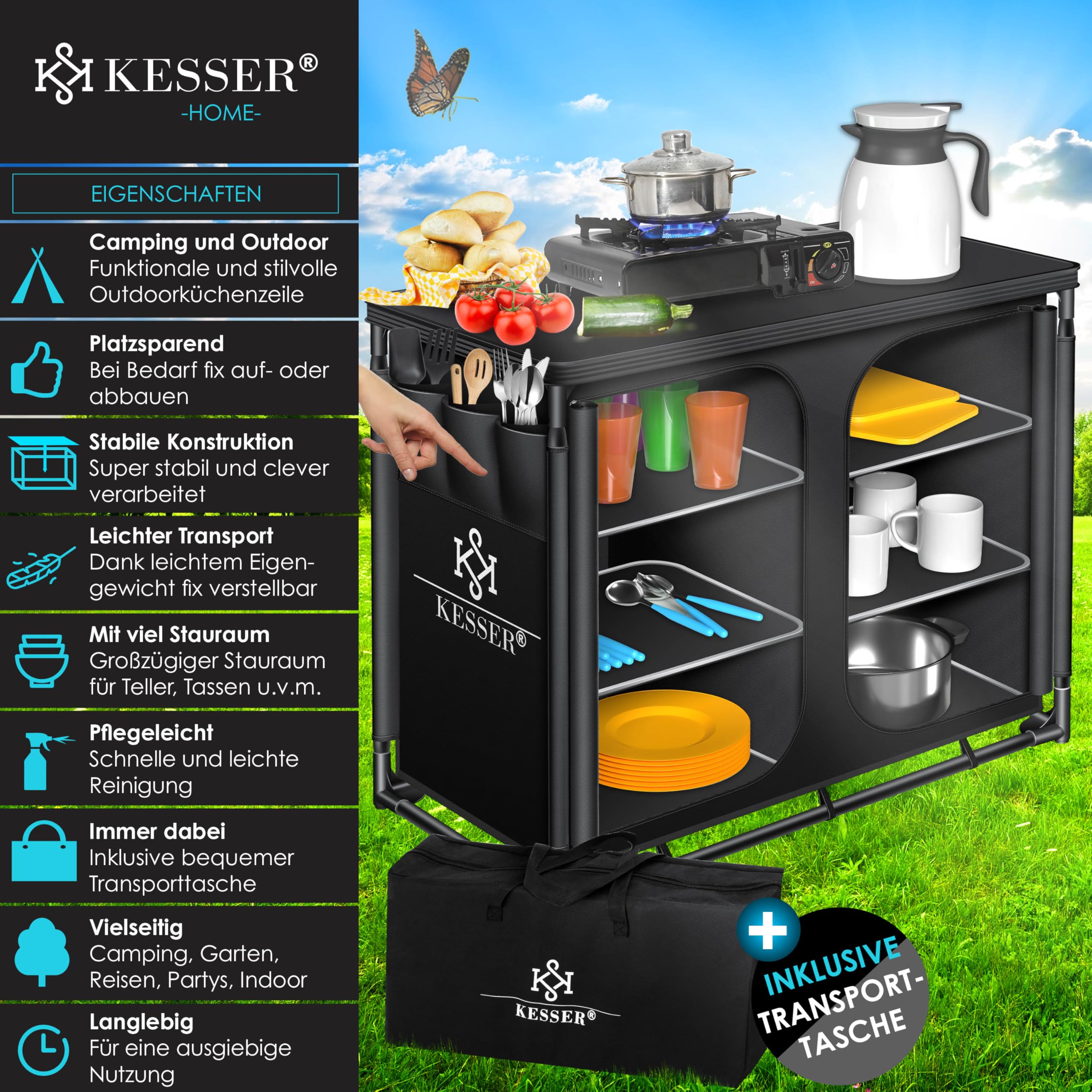 KESSER® Campingküche | Inkl. Tragetasche | Campingschrank Faltschrank | mit Aluminiumgestell | Reiseküche | Küchenbox | Zeltschrank | Outdoor Camping Küche | Schwarz/Schwarz | Typ F6