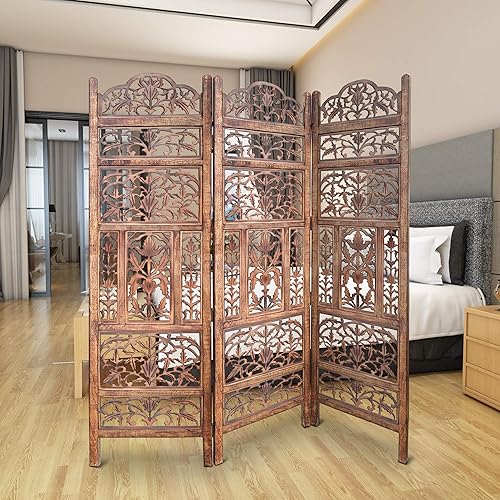 Miniatura 6 de TUP THE URBAN Port - Pantalla de madera de mango con 3 paneles, talla intrincada, color marrón