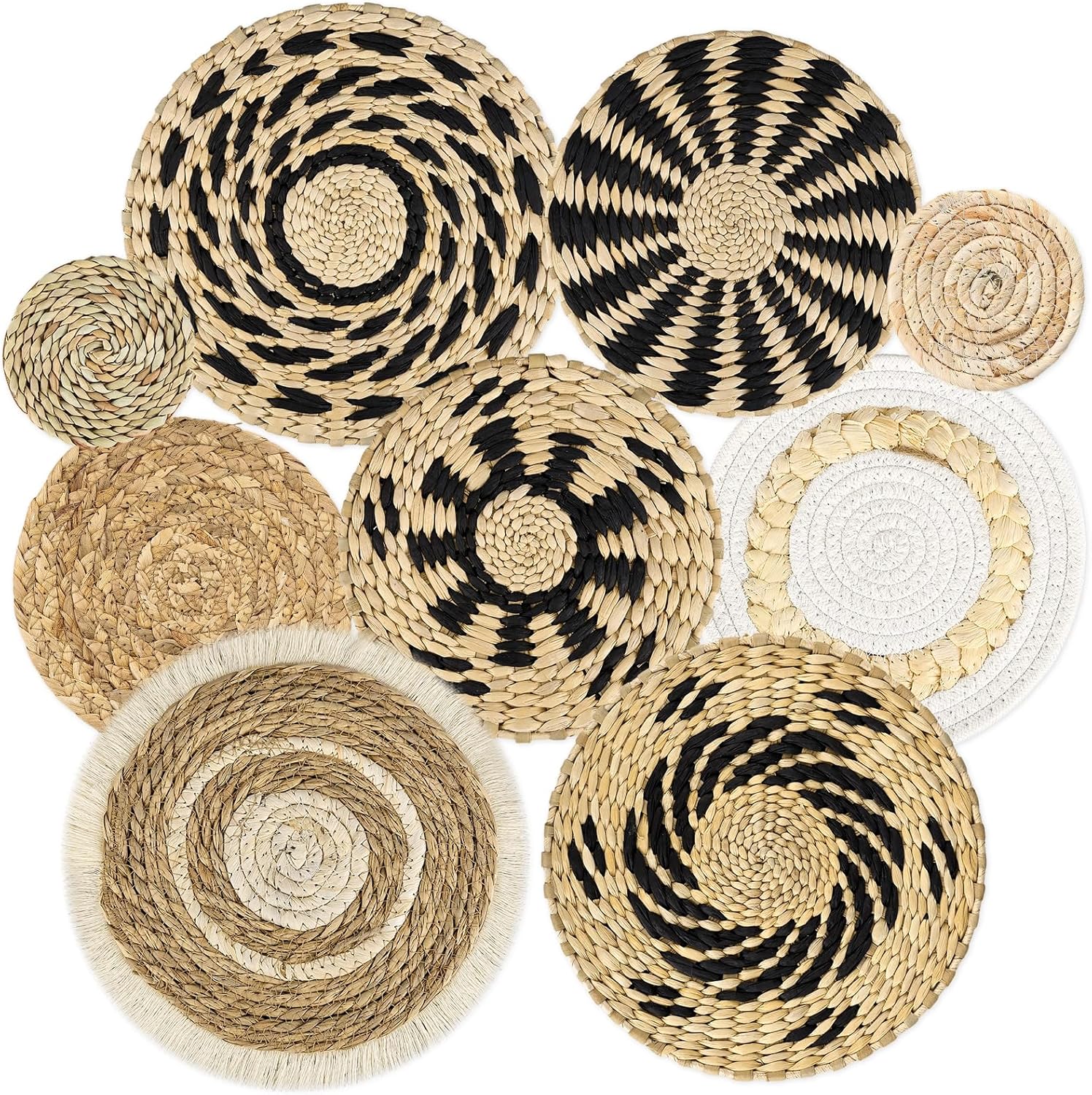 MJOGGOTT 9 Pcs Boho Wall Basket Decor Hanging Woven Wall Basket Art Decor Rattan Wicker Seagrass Home Round Tassels White Macrame Tapestry Baskets Decoration for Kitchen Home Farmhouse Decoration
