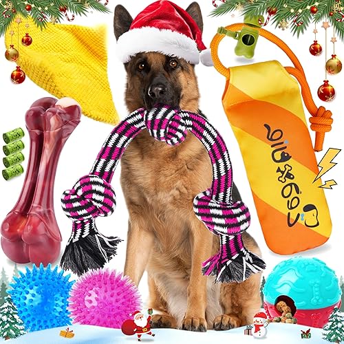 Zeaxuie 12 Pack Long-Lasting Heavy Various Dog Chew Toys Pack for Aggressive Chewers - Includes Large Rope Toy, Squeaky Toys & Indestructible Chew Bone for Medium, Large & X-Large Breeds Dogs