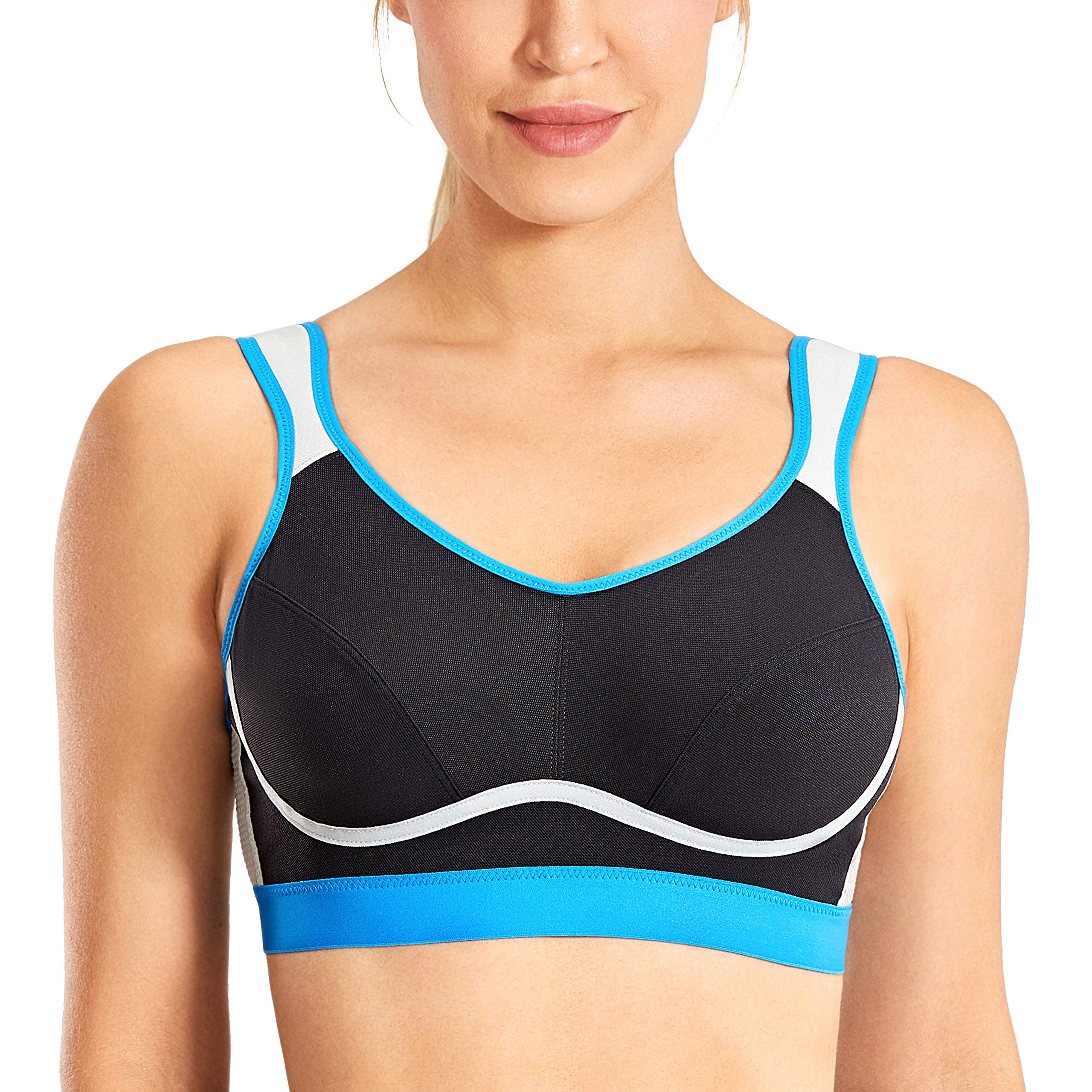 SYROKAN Women's Comfort Sports Bra High Impact for Large Breasts Wireless Stretch Support Bounce Control Flower Yarn Gray 36B
