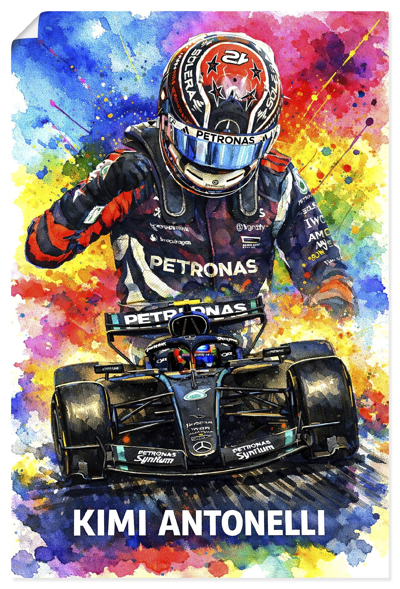 ARTLAND Wanddeko Poster & Kunstdrucke Wandposter 80 x 120 cm Kimi Antonelli Mercedes F1 Aquarell Illustration Rennsport Deko für Fans & Sammler U6FH