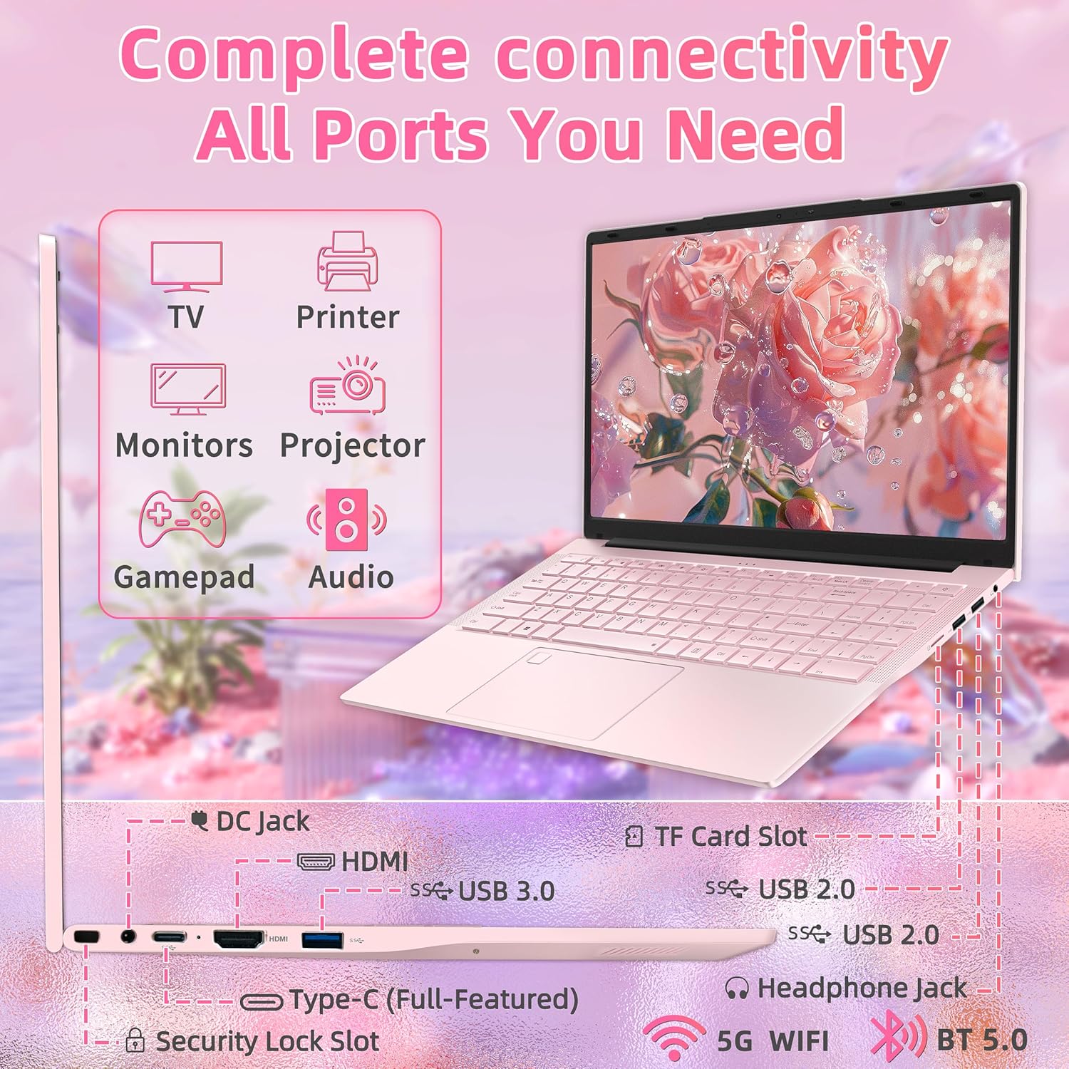 15.6" Pink Laptop Computer AMD Athlon Silver 3050E, 16GB RAM 512GB SSD, FHD IPS Display, Backlit KB, Fingerprint, Webcam Privacy Shutter,180 ° Hinge, Win 11 Pro, USB-C, HDMI, Ultra-Thin