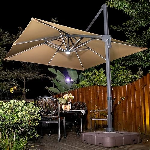 Miniatura 9 de Sunnyglade Sombrilla de patio voladiza LED de 10 x 10 pies con energía solar, sombrilla cuadrada de lujo con rotación de 360 y sistema de